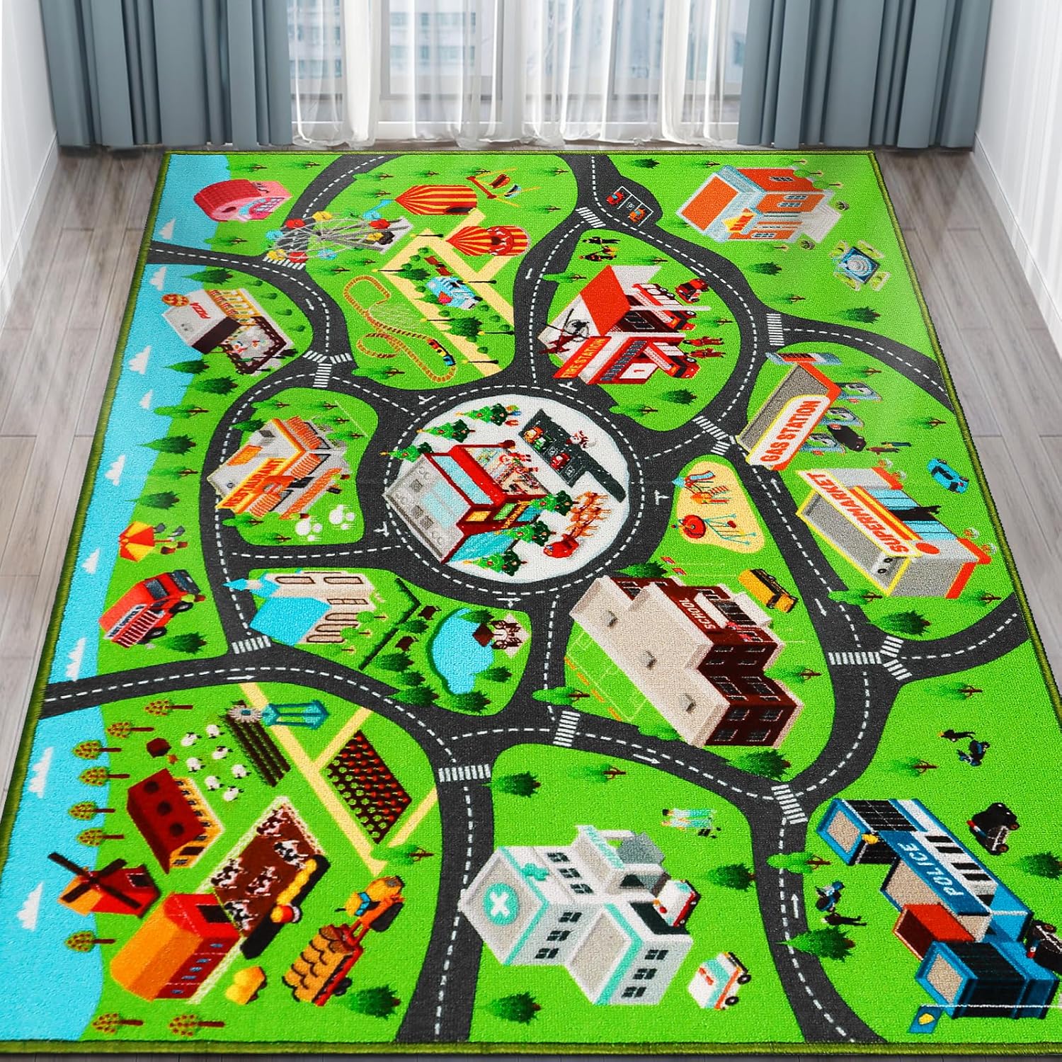 Alfombra de juego para niños, alfombra antideslizante para niños, sala de juegos, dormitorio, alfombra de coche para niños para jugar con autos y