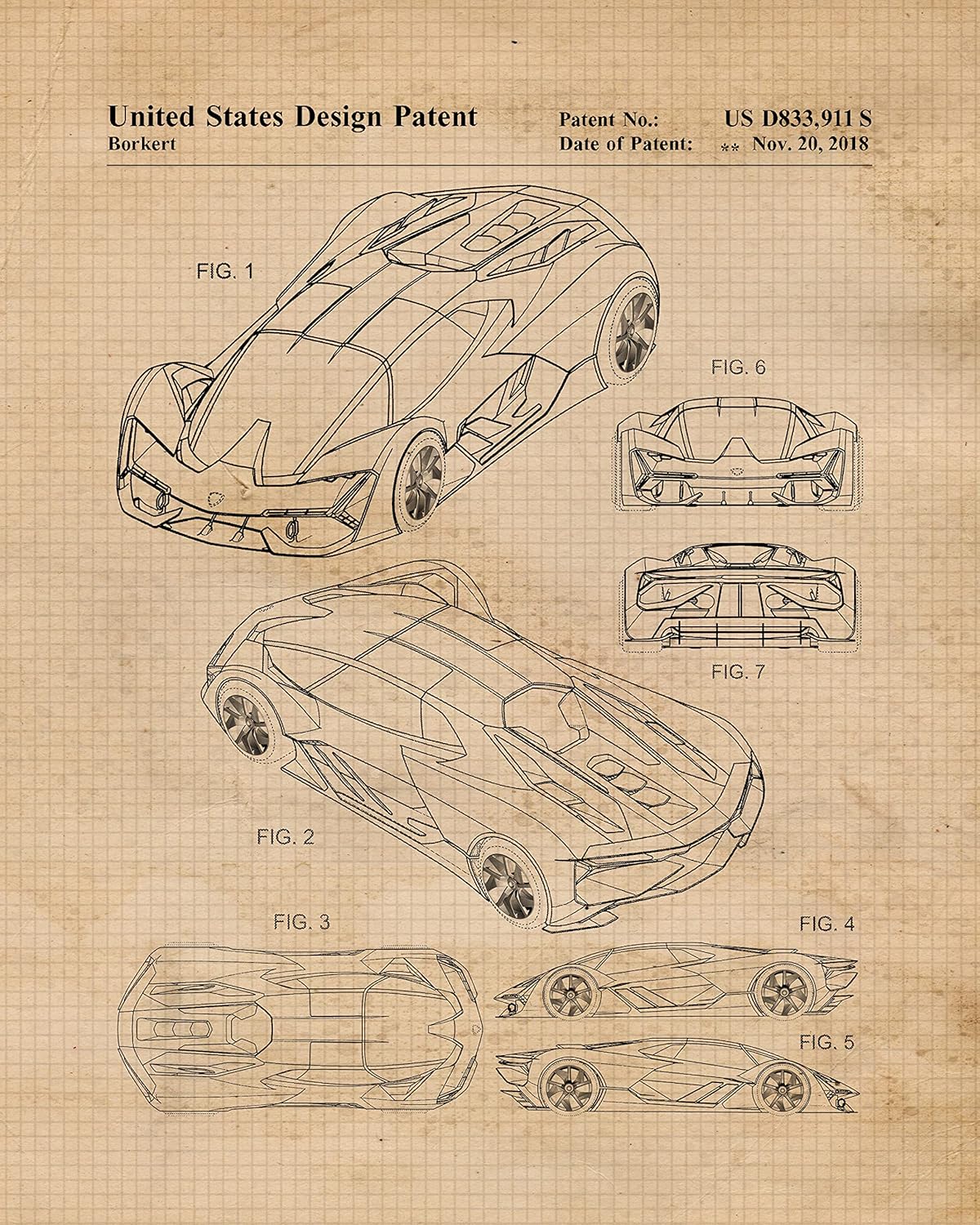 Classic Cars Patent Prints, 6 (8×10) Unframed Photos, Wall Art Decor Gifts for Home Lamborghini Office Gears Garage Shop School Racing Engineer