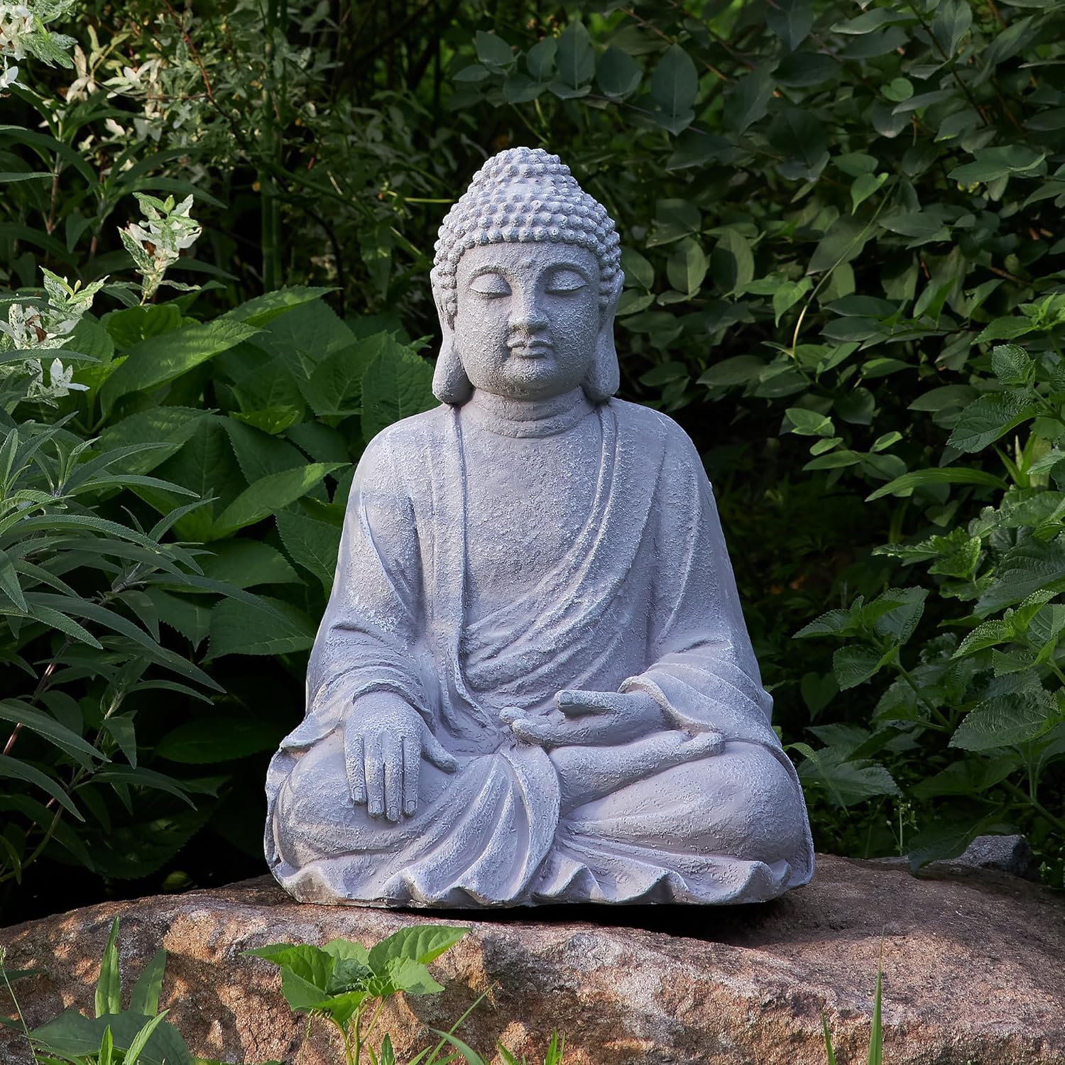 TOETOL Estatua de Buda grande para exteriores, decoración zen mediana de 20 pulgadas de alto, óxido de magnesio, piedra gris para patio, jardín,