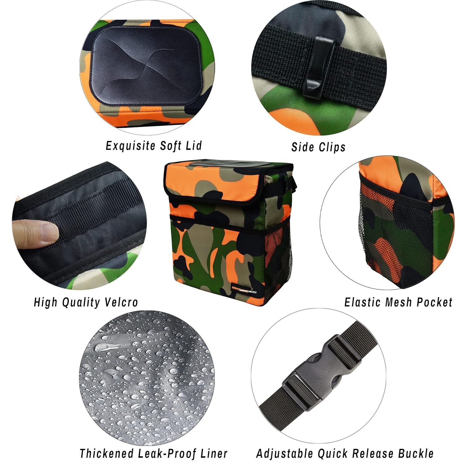 Bonito bote de basura para automóvil con tapa, a prueba de fugas, impermeable, con bolsillos de almacenamiento, organizador plegable multiusos para
