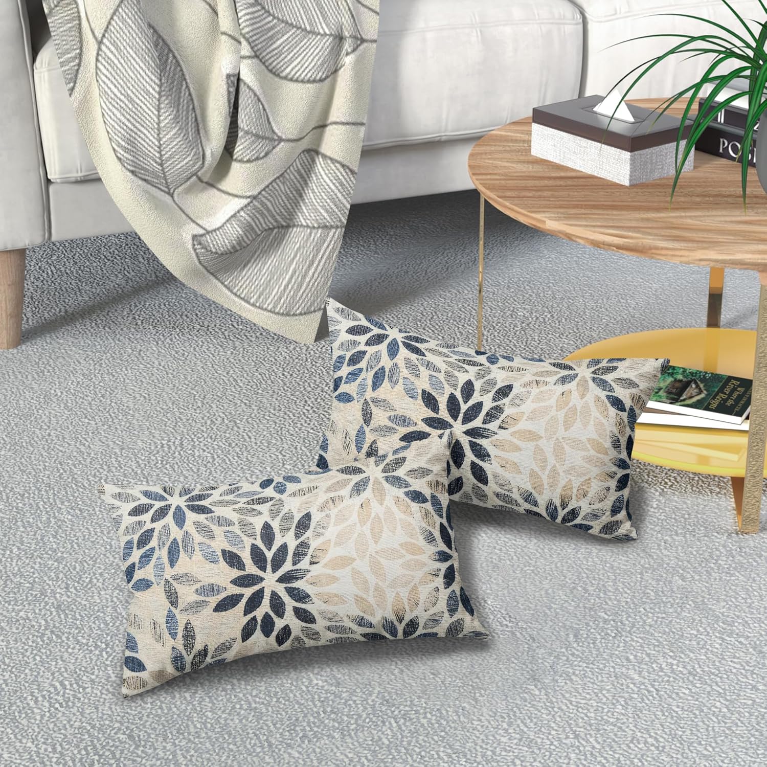 Juego de 2 fundas de almohada lumbar de dalia azul marino de 12 x 20 pulgadas, fundas de almohada rectangulares decorativas de flores geométricas