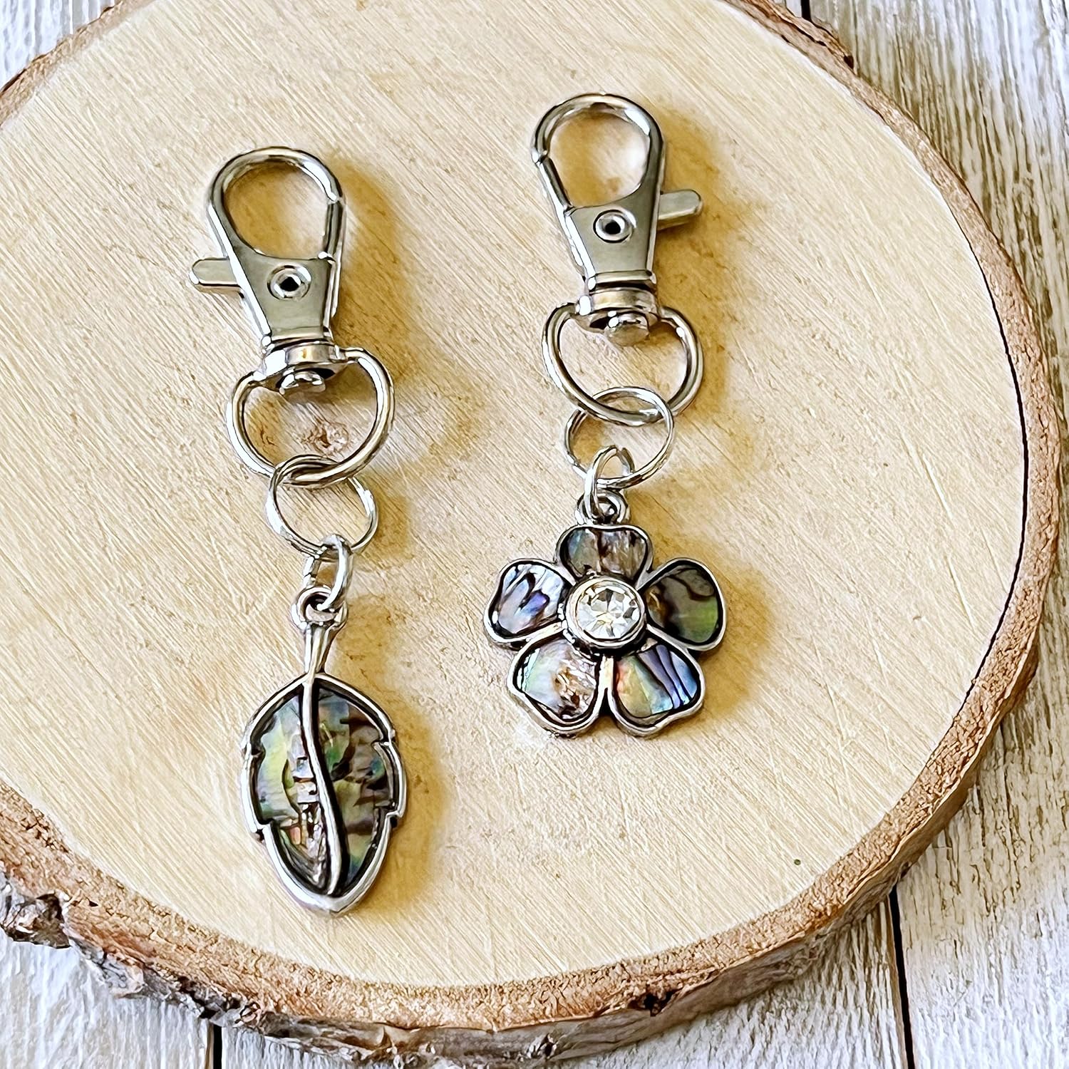 Silver Flower & Leaf Purse Charms, Abalone Shell Handbag Jewelry, Floral Fall Zipper Pulls, Cool Keychain, Backpack Charms, Nature Gift Sets
