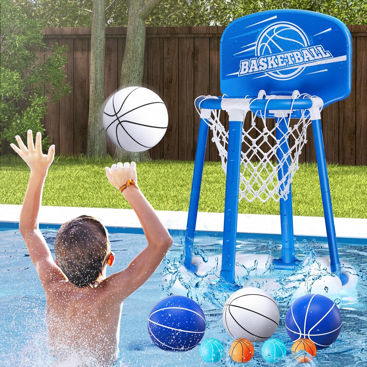 HYES Aro de baloncesto para piscina junto a la piscina con tablero, juguetes flotantes para piscina con 4 pelotas de baloncesto4 globos de