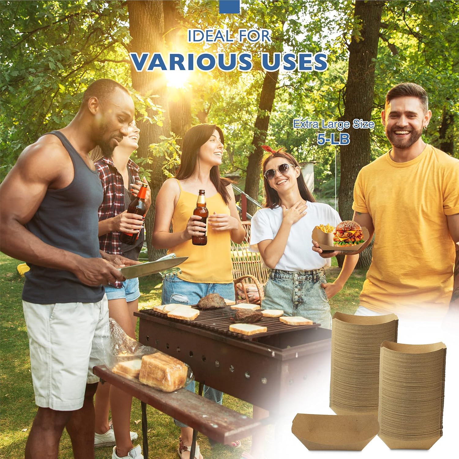 Fit Meal Prep Paquete de 125 Bandejas de papel de 5 libras para alimentos desechables de alta resistencia, bandeja de nachos marrón kraft para