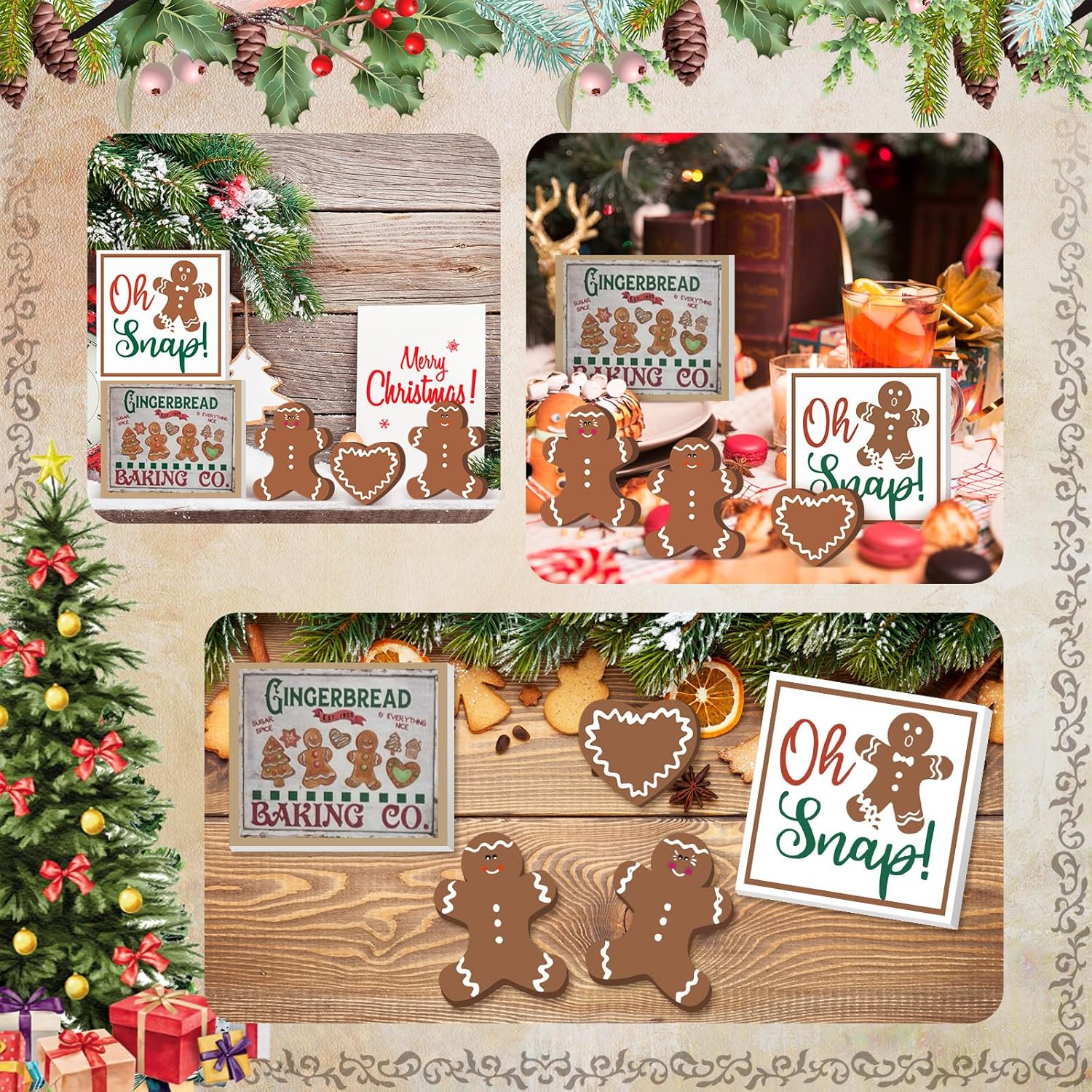 Suzile 5 piezas de decoración de mesa de hombre de jengibre de Navidad, bandeja rústica escalonada de madera de jengibre para árbol de Navidad,
