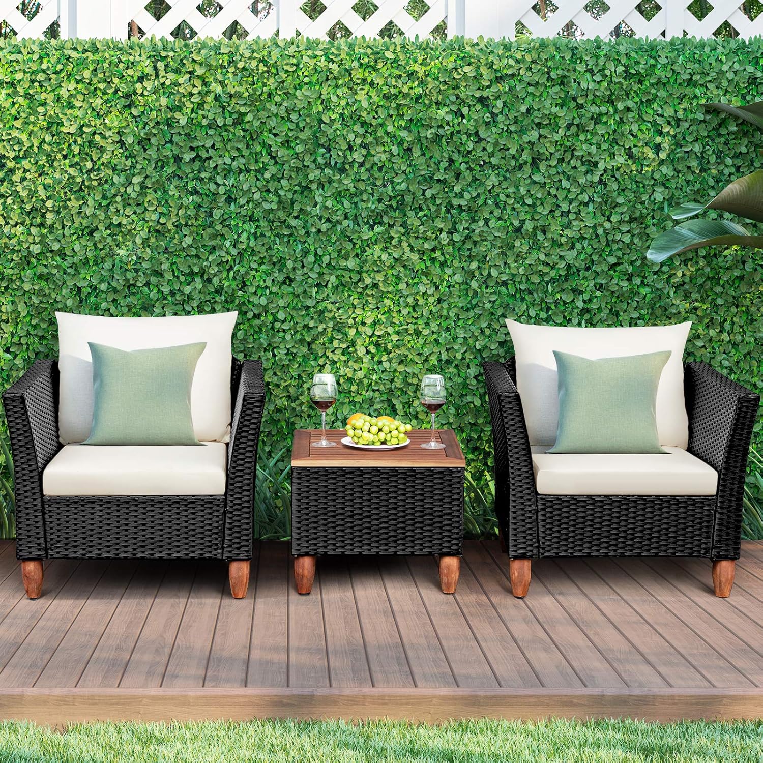 COSTWAY Juego de muebles de ratán de patio al aire libre 3PCS sofá acolchado de madera blanco