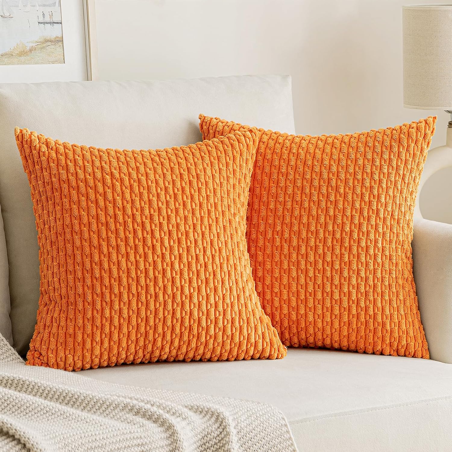 EMEMA Juego de 2 fundas de almohada de otoño de 16 x 16 pulgadas, fundas de almohada cuadradas de pana suave a rayas, decoración del hogar rural