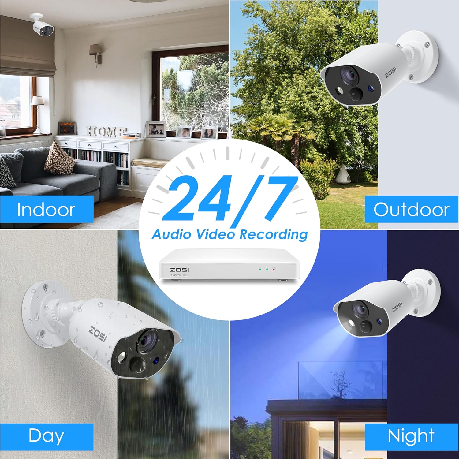 ZOSI Cámara de seguridad 1080P HD-TVI con audio, 2MP 1920TVL cámara de vigilancia para interiores y exteriores, visión nocturna, detección de
