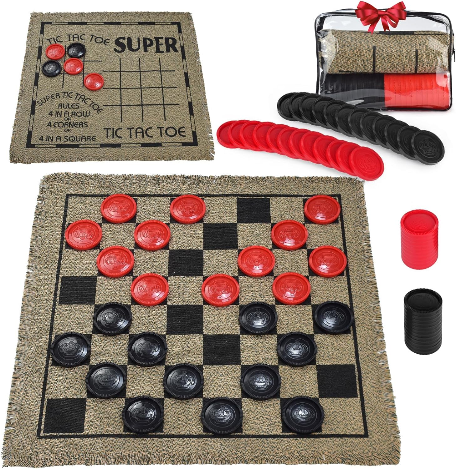 Juego de damas gigantes  Tablero de juego de Tic Tac Toe 3 en 1 para adultos y niños con 24 piezas a cuadros alfombra reversible  Juegos para