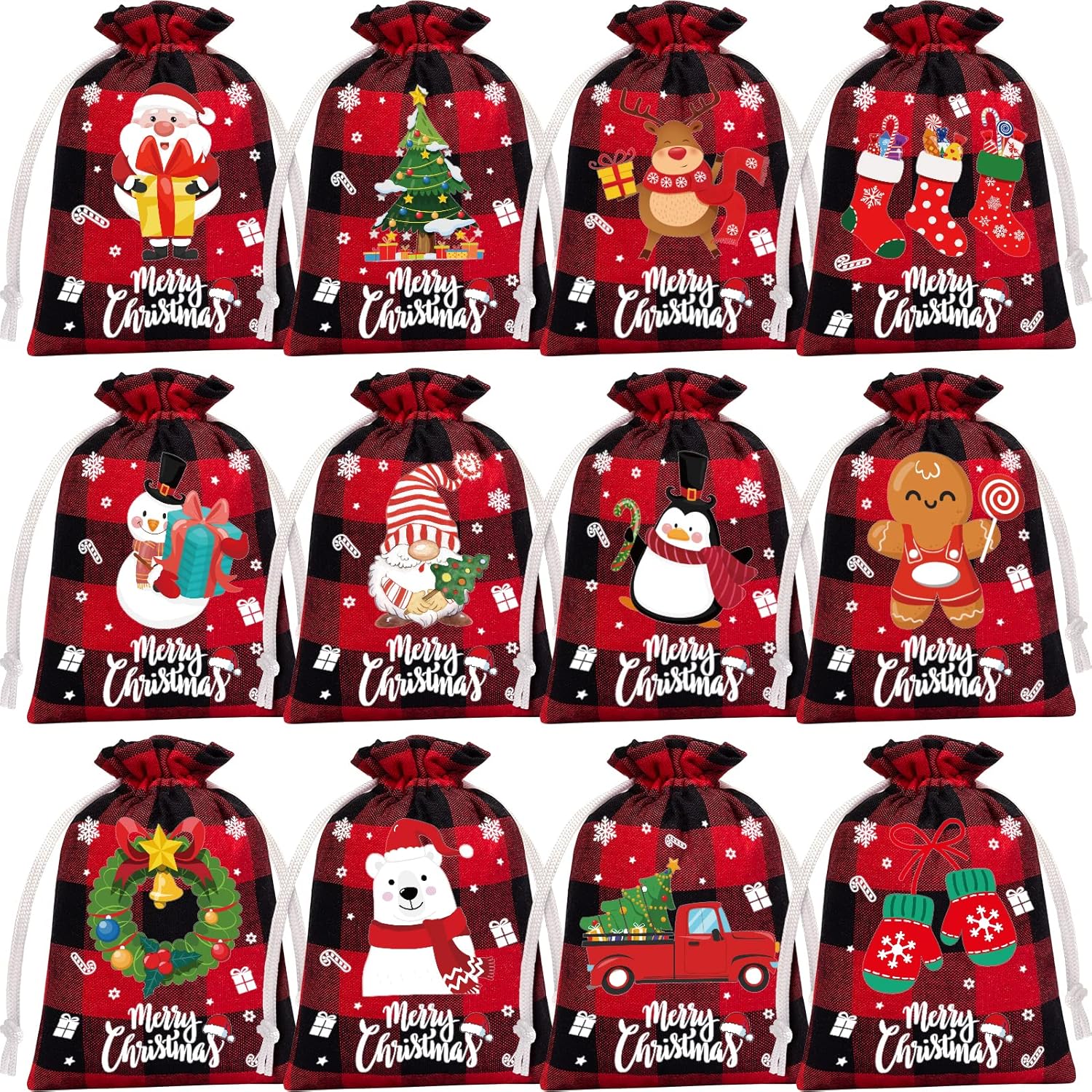 72 bolsas de arpillera con cordón de Navidad, bolsas de regalo de Navidad a cuadros, bolsas de arpillera para dulces de Navidad, pequeñas bolsas de