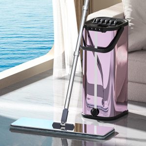 Trapeador y cubo de acero inoxidable con escurridor para el hogar, trapeador plano manos libres con 4 cabezales de mopa de microfibra lavables y Trapeador y cubo de acero inoxidable con escurridor para el hogar, trapeador plano manos libres con 4 cabezales de mopa de microfibra lavables y