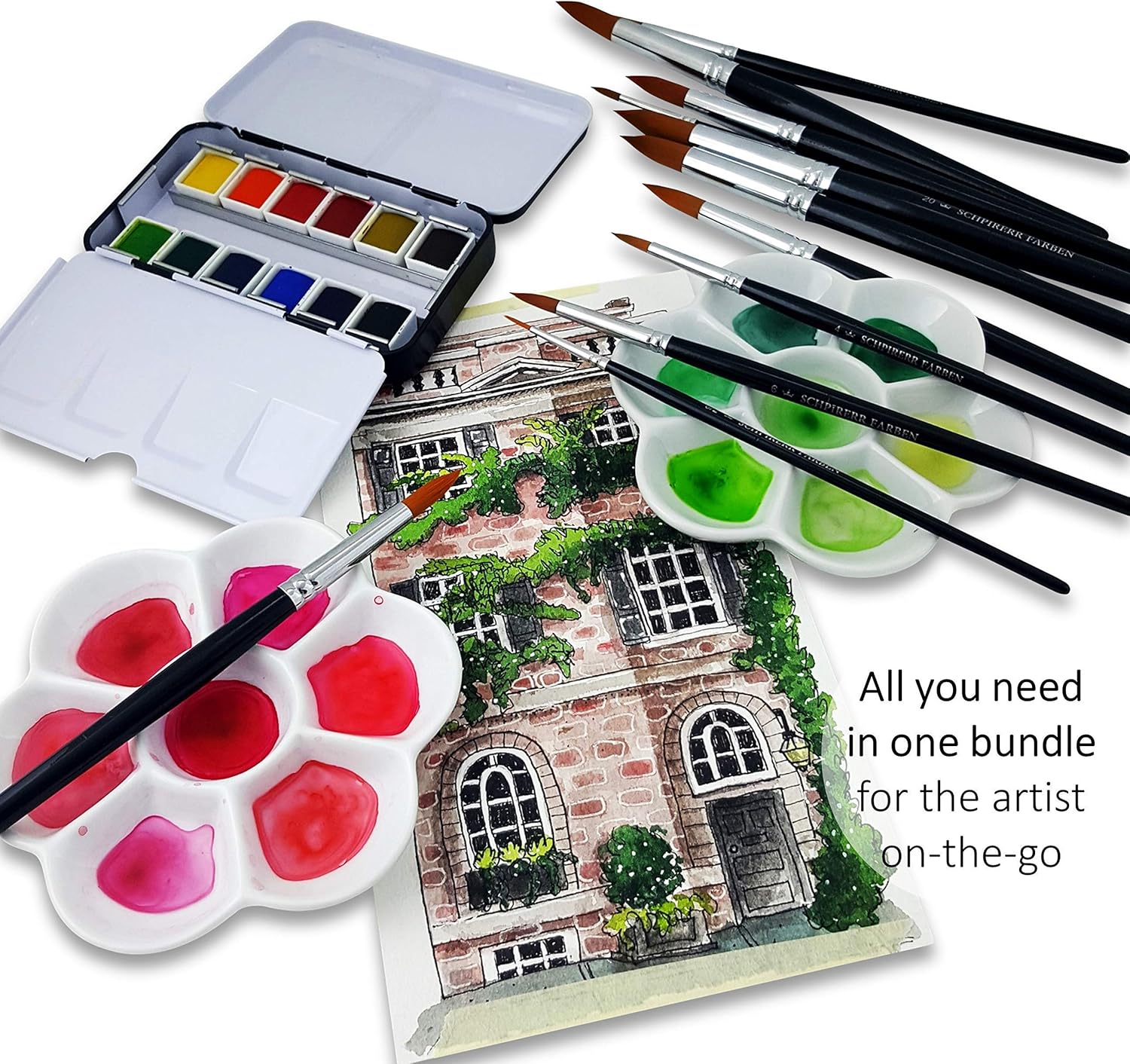 SCHPIRERR FARBEN Professional Artists – Juego de 12 pinturas de acuarela, 10 pinceles redondos, cerdas sintéticas suaves, mango corto y 2 paletas de