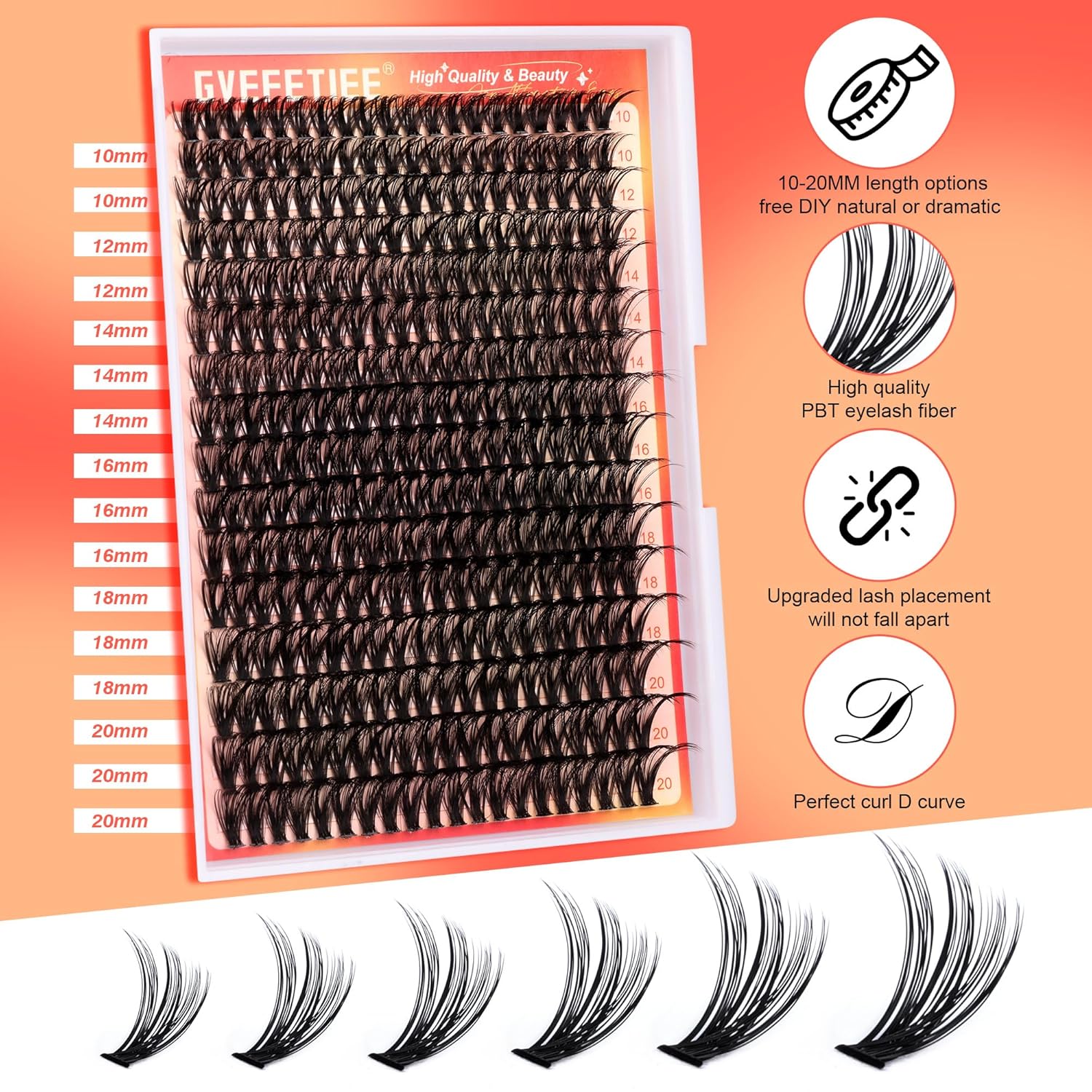 Kit de extensiones de pestañas individuales, 320 unidades, extensiones de pestañas rizadas en D con unión de pestañas, sellado, removedor de