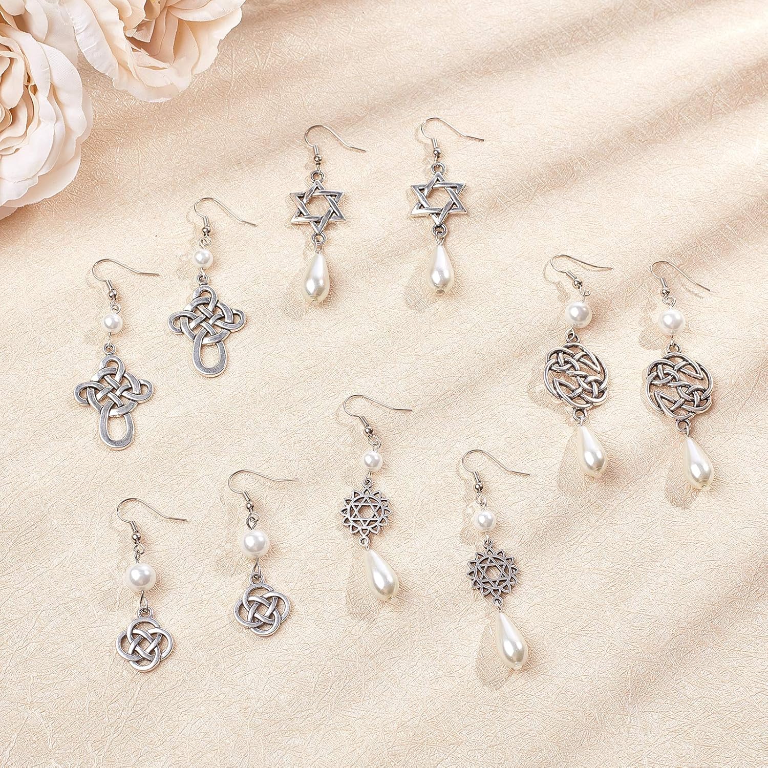 SUNNYCLUE 1 caja de 8 pares de aretes de nudo celta de plata antigua, aretes colgantes de perlas, kit de inicio de fabricación de joyas con