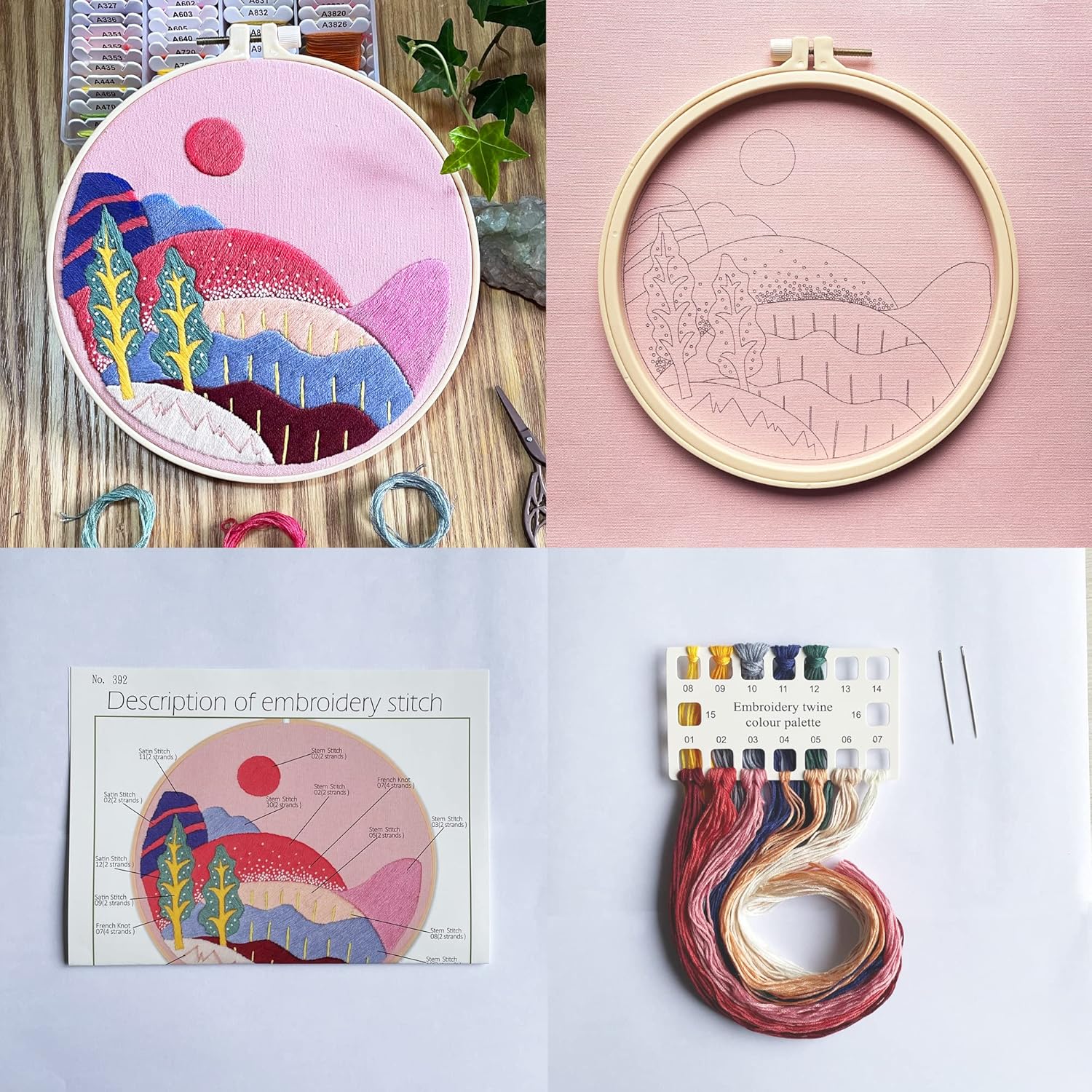 Kit de bordado, paño de bordado rosa, patrón de montañas, kit de iniciación de bordado, también incluye aro, aguja, hilo e instrucciones (rosa)
