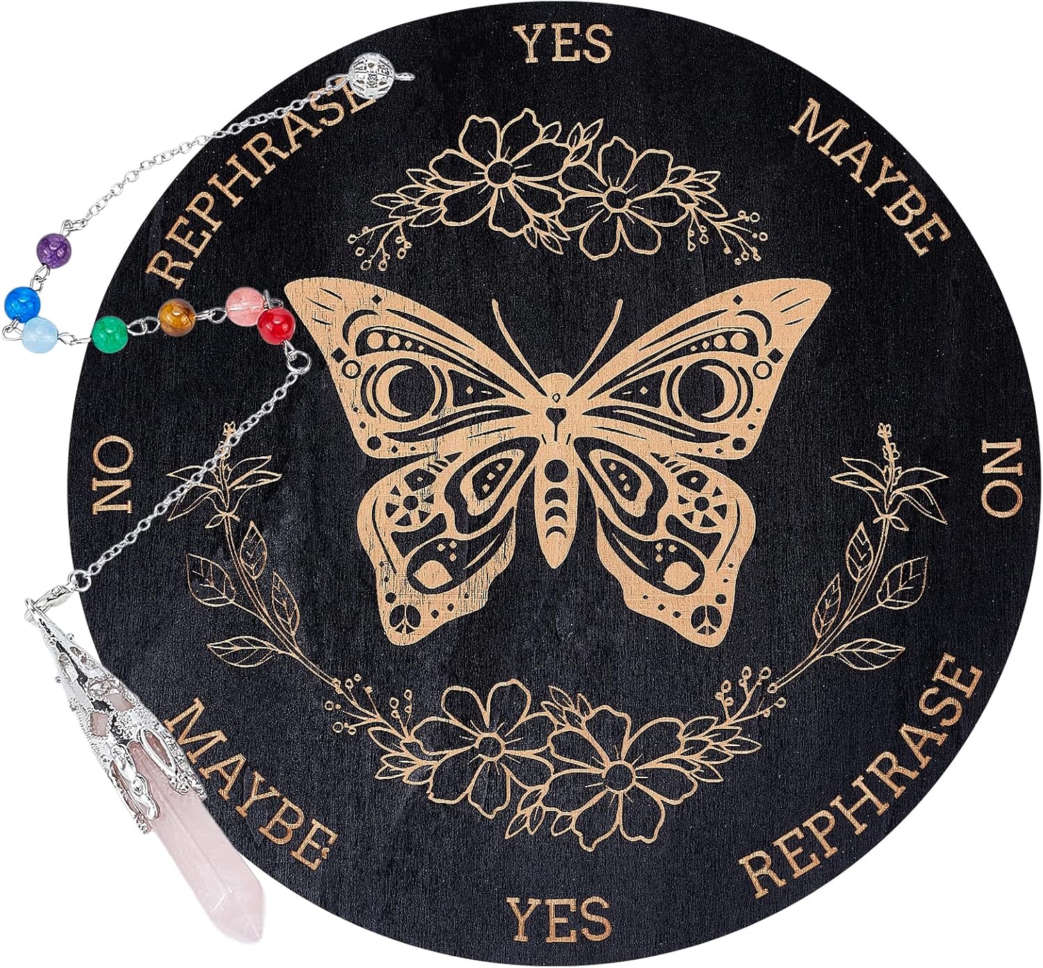 AHANDMAKER Tabla de péndulo de bruja de 7.8 pulgadas, plancha de madera para radiestesia con péndulos de cristal de cuarzo rosa, herramientas de