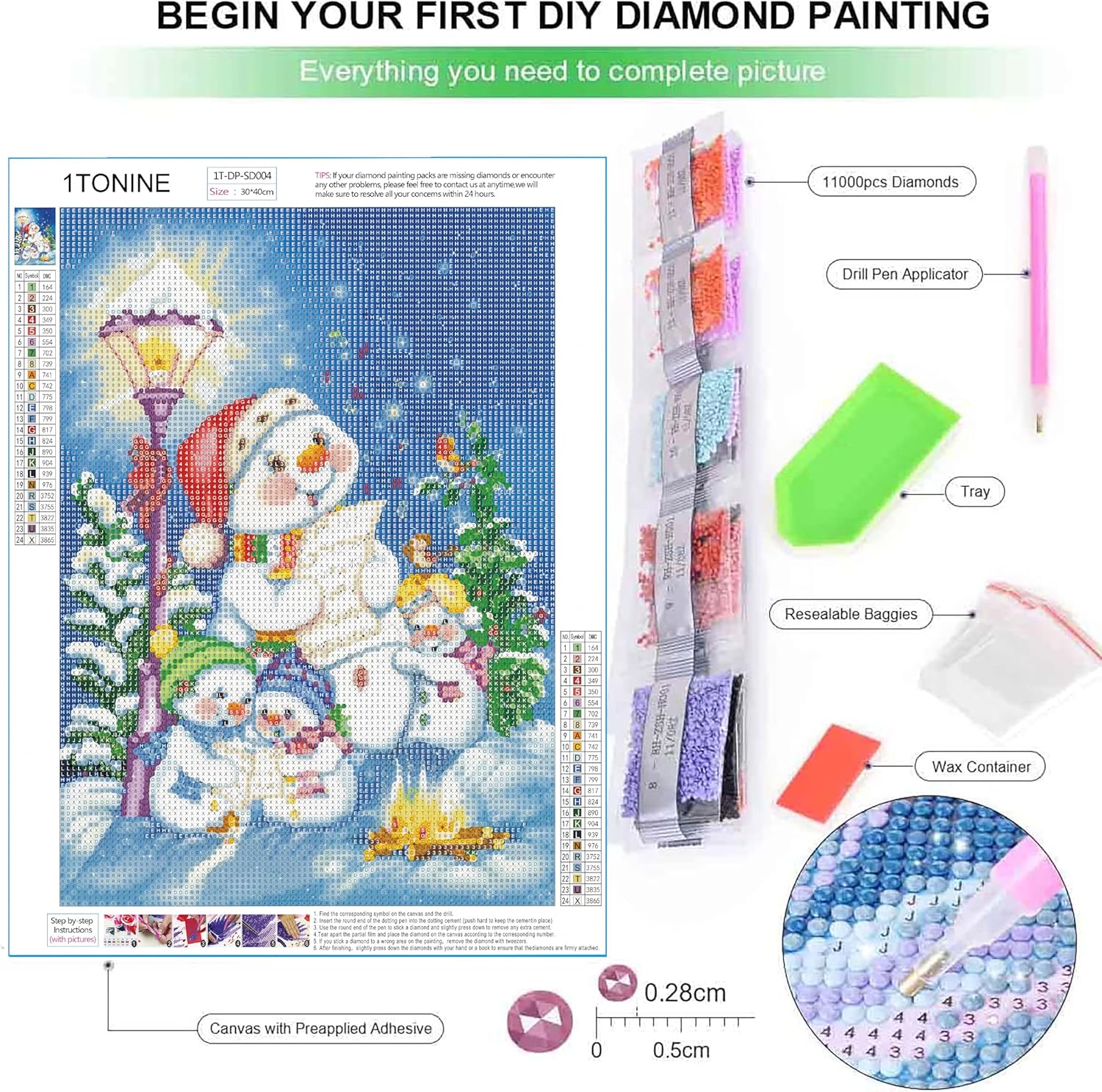 1tonine Kits de pintura de diamantes de Navidad para adultos, 5D, taladro completo, redondo, lindo, muñeco de nieve, kits de arte de diamantes para
