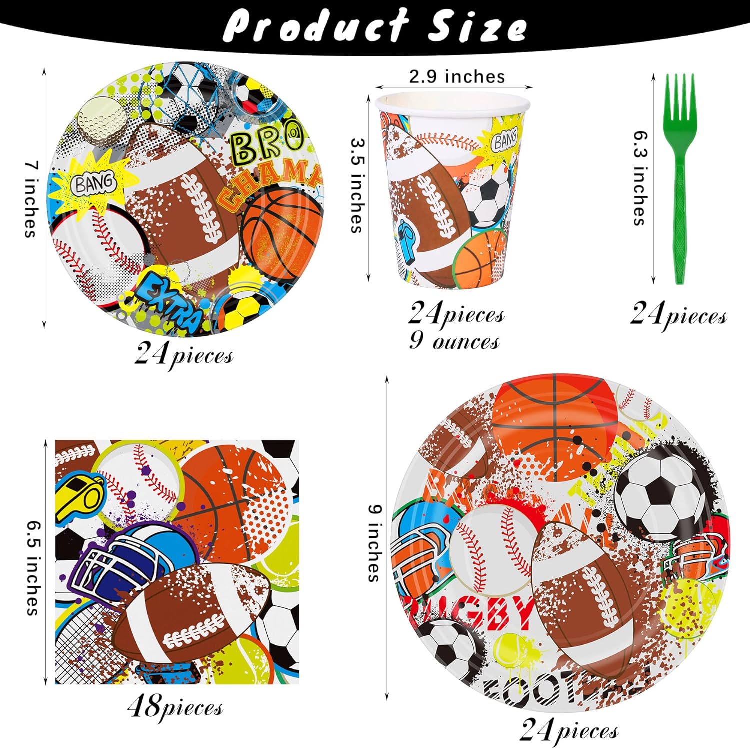 durony Juego de 144 platos de papel y servilletas con temática deportiva, vajilla para fiesta de cumpleaños, platos de papel, servilletas, tenedores