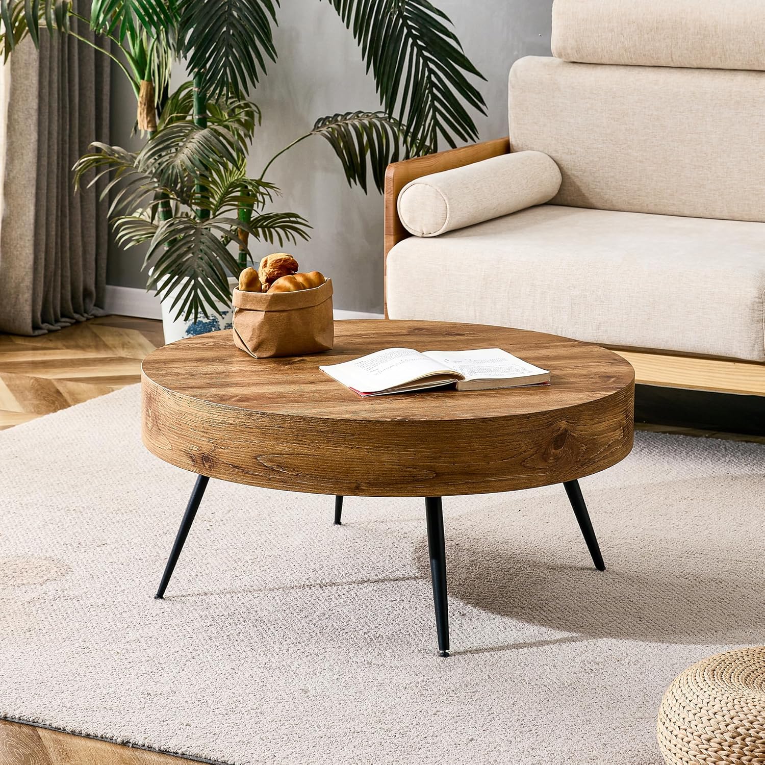Mesas de centro rústicas para sala de estar, moderna, pequeña mesa de centro redonda de madera con 4 patas de metal, mesa de té para sala de estar,