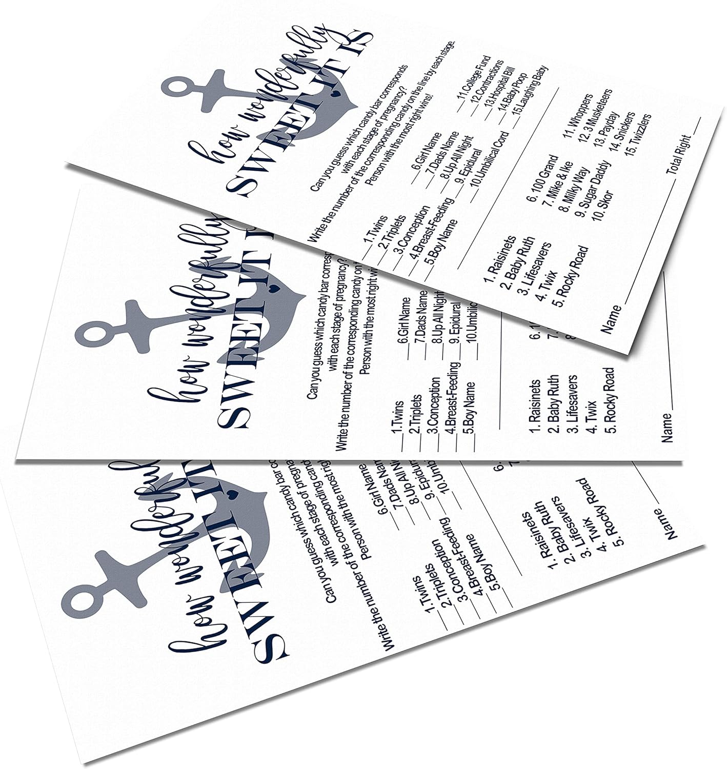 Juegos náuticos para baby shower para niños (paquete de 25) divertidas tarjetas de actividades a juego de barra de caramelo azul ballena espolvorear