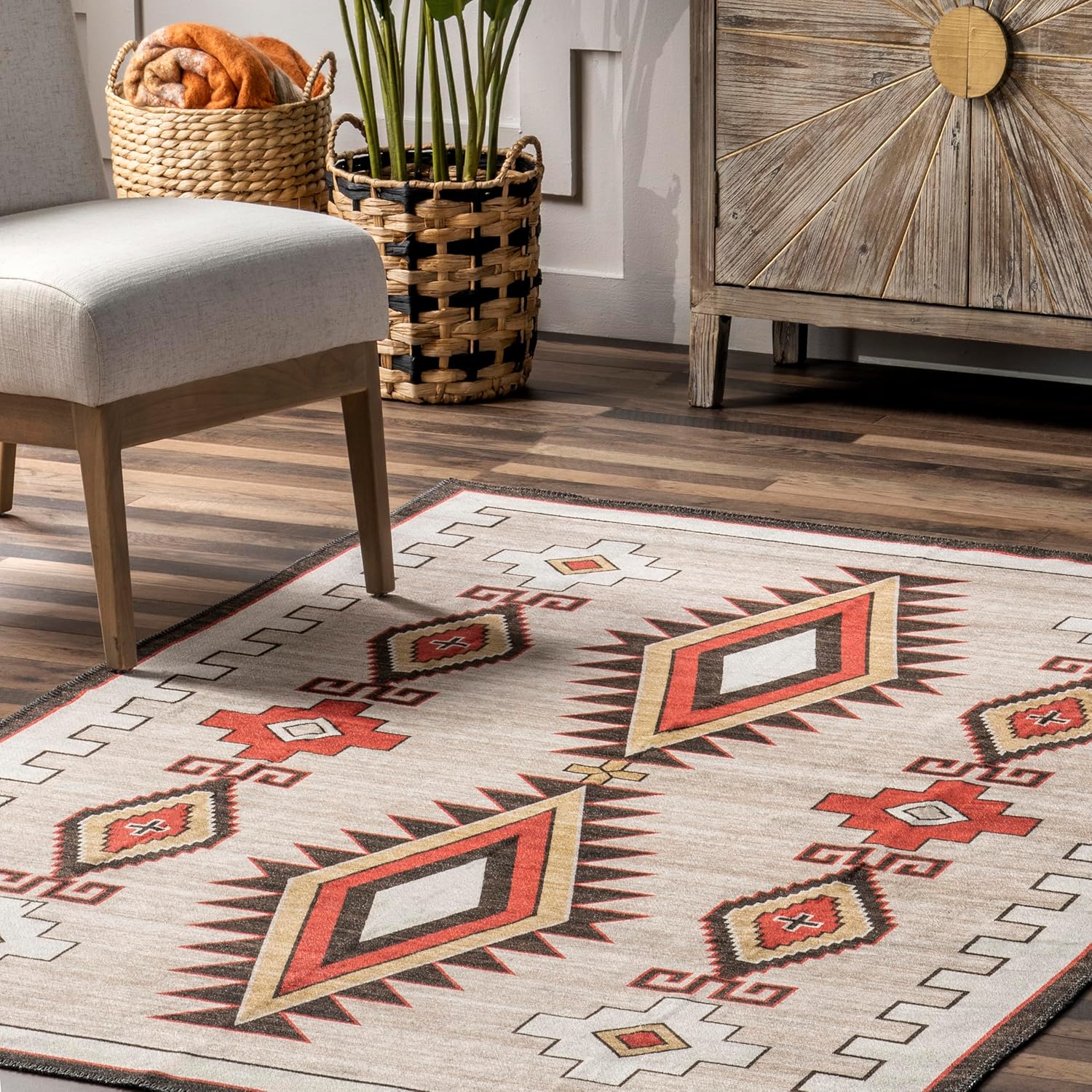 nuLOOM Elora Southwestern – Alfombra lavable a máquina, 5×8, marfil