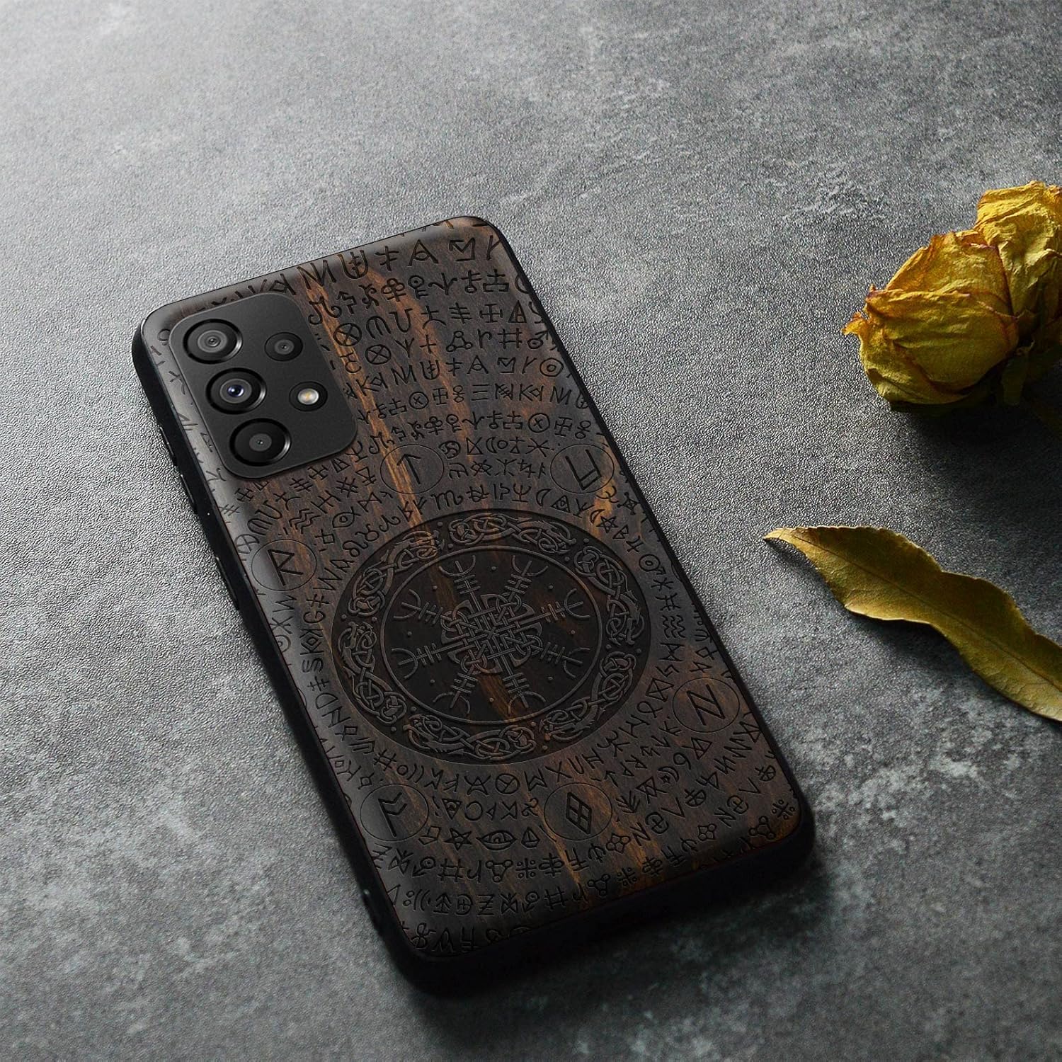 Carveit Funda de madera para Samsung Galaxy A53 5G madera natural y TPU suave negro a prueba de golpes, funda de madera única compatible con Galaxy