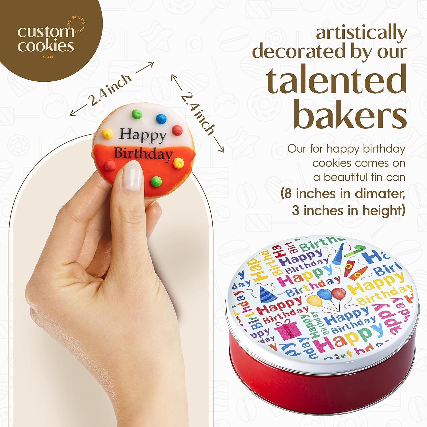 Cesta de regalo de galletas de feliz cumpleaños con 21 piezas decoradas individualmente a mano en varios colores blanco y negro. 7 colores