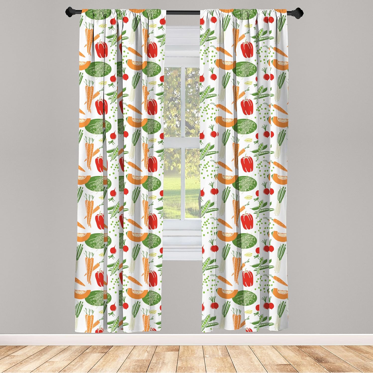 Ambesonne Cortinas vegetales, diseño de dibujos animados, patrón de alimentos con zanahoria, pimienta, soja, calabaza, rebanada y guisante,