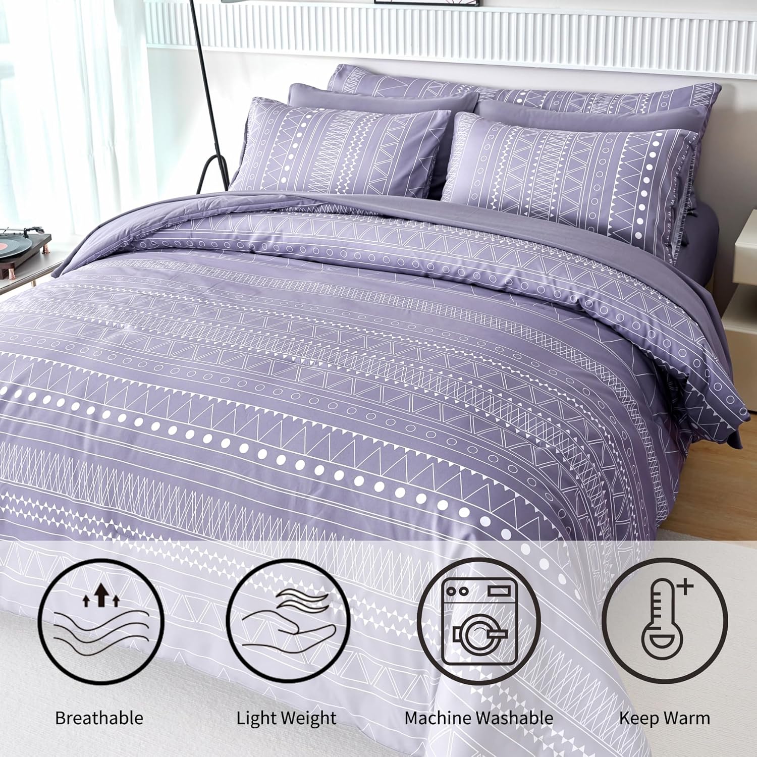 RYNGHIPY Juego de edredón bohemio de color morado polvoriento, tamaño matrimonial para niños, edredón de microfibra suave con sábanas y fundas de