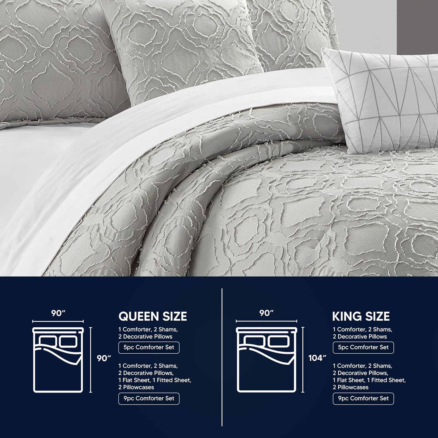 Chic Home Jane – Juego de edredón de 5 piezas con clip, diseño geométrico de cuadrifolio jacquard, fundas de almohada decorativas incluidas, King,