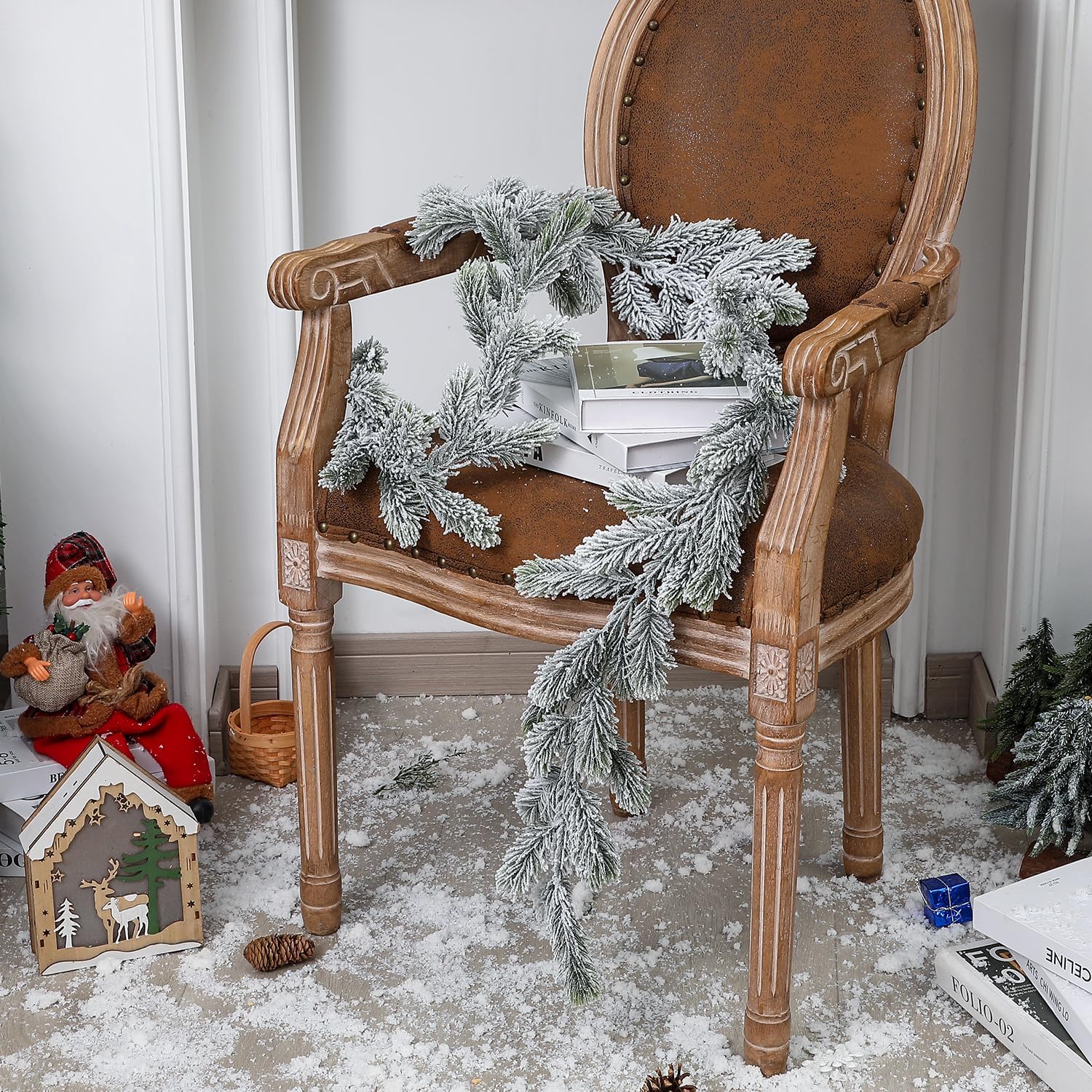 Guirnalda de Navidad de pino de nieve de 78 pulgadas, guirnalda de pino de Navidad para Navidad, temporada de vacaciones, mantel de mesa para