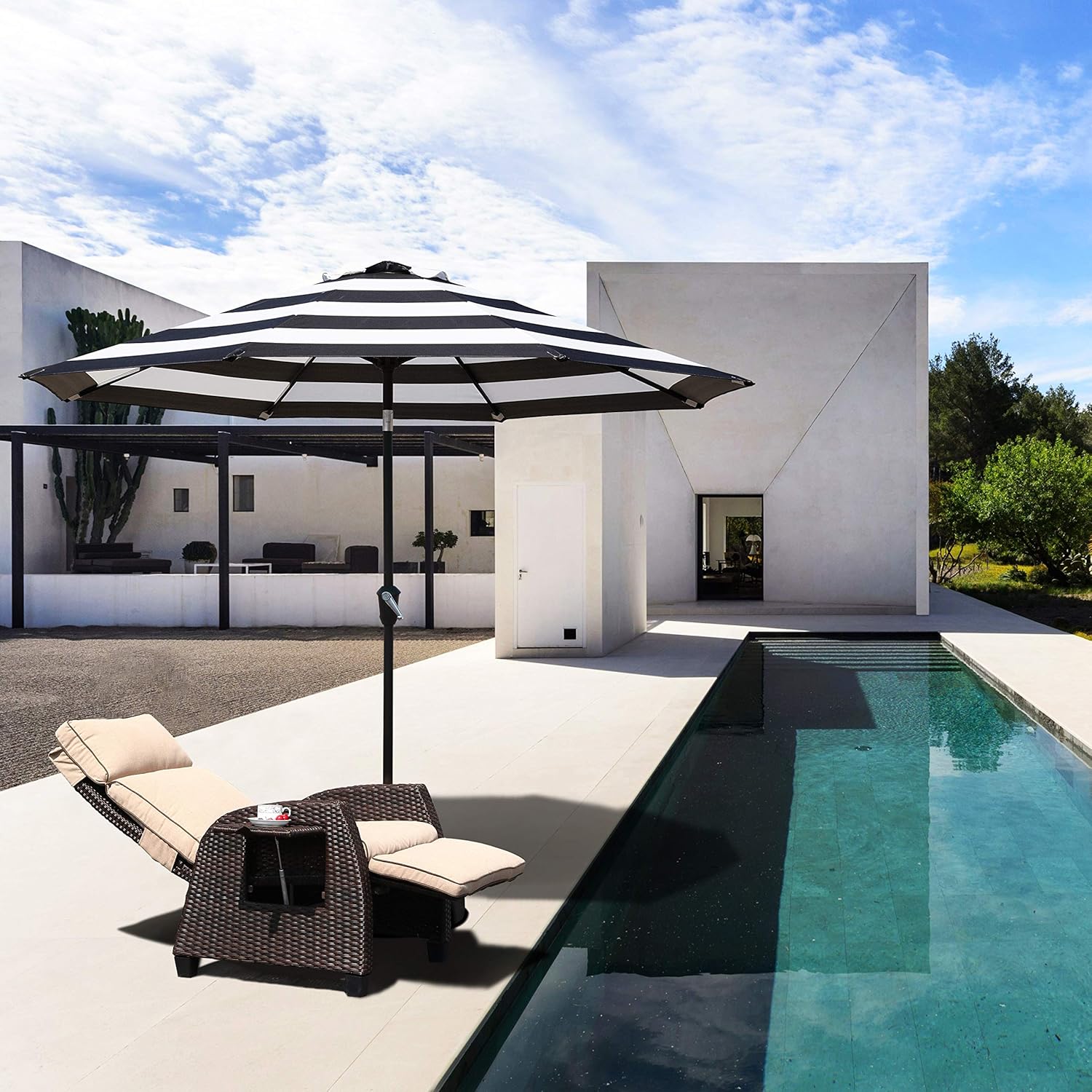 Grand patio Sombrilla de aluminio mejorada de 9 pies para patio, con protección UV, con manivela automática y botón de inclinación, color blanco y