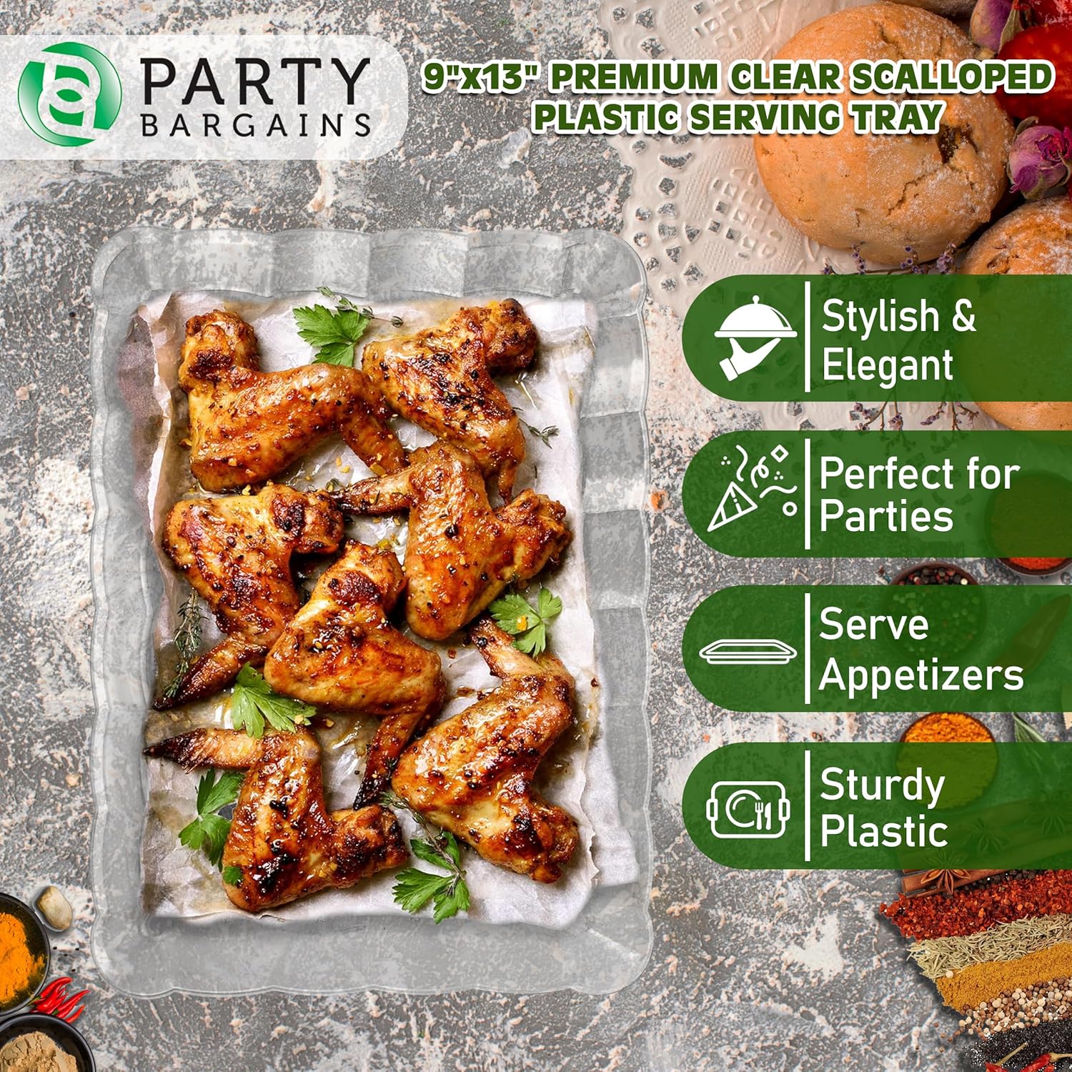 Party Bargains Bandeja de plástico para servir, 9 x 13 pulgadas, paquete de 8 platos transparentes festoneados, bandeja rectangular desechable para