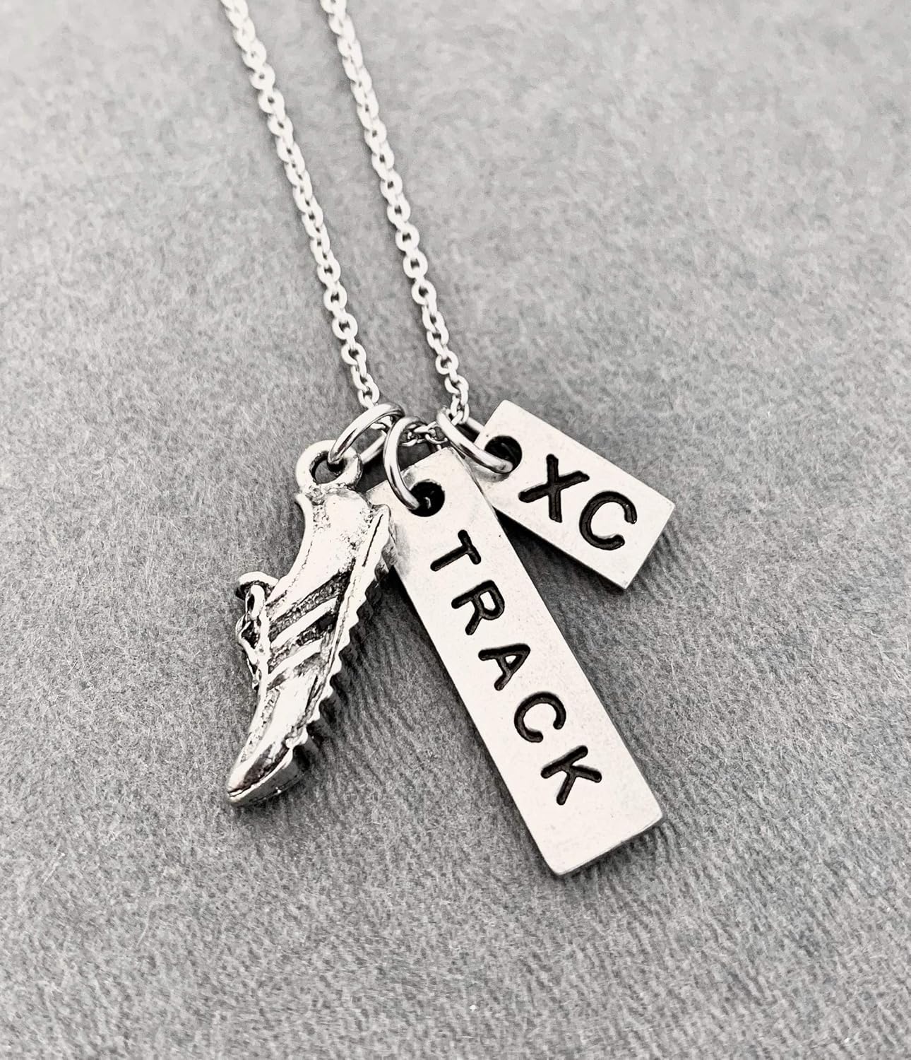 Pewter RUN TRACK and XC Track and Cross Country Runner Necklace – Pewter Running Shoe Charm, Track Pendant and XC Charm on 18 inch Stainless Steel