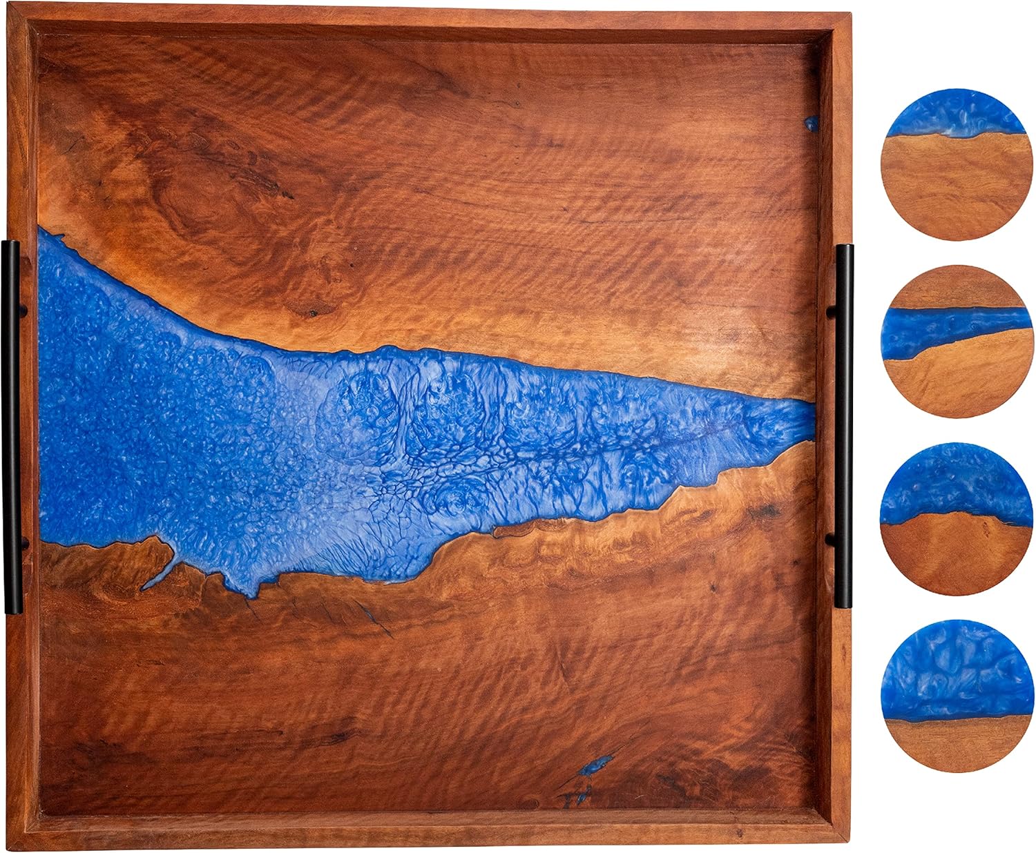 Paper Street – Bandeja grande de epoxi azul y palisandro con asas de metal negro, 4 posavasos de epoxi decorativos, bandeja cuadrada de 23 x 23 x 2