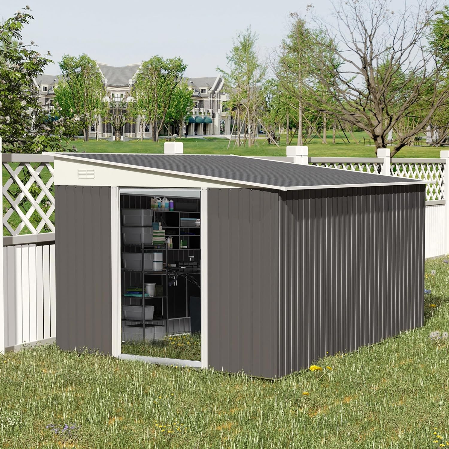 Outsunny Cobertizo de almacenamiento de jardín de acero de 11 x 9 pies para exteriores, con puertas correderas dobles con cerradura y 2 rejillas de