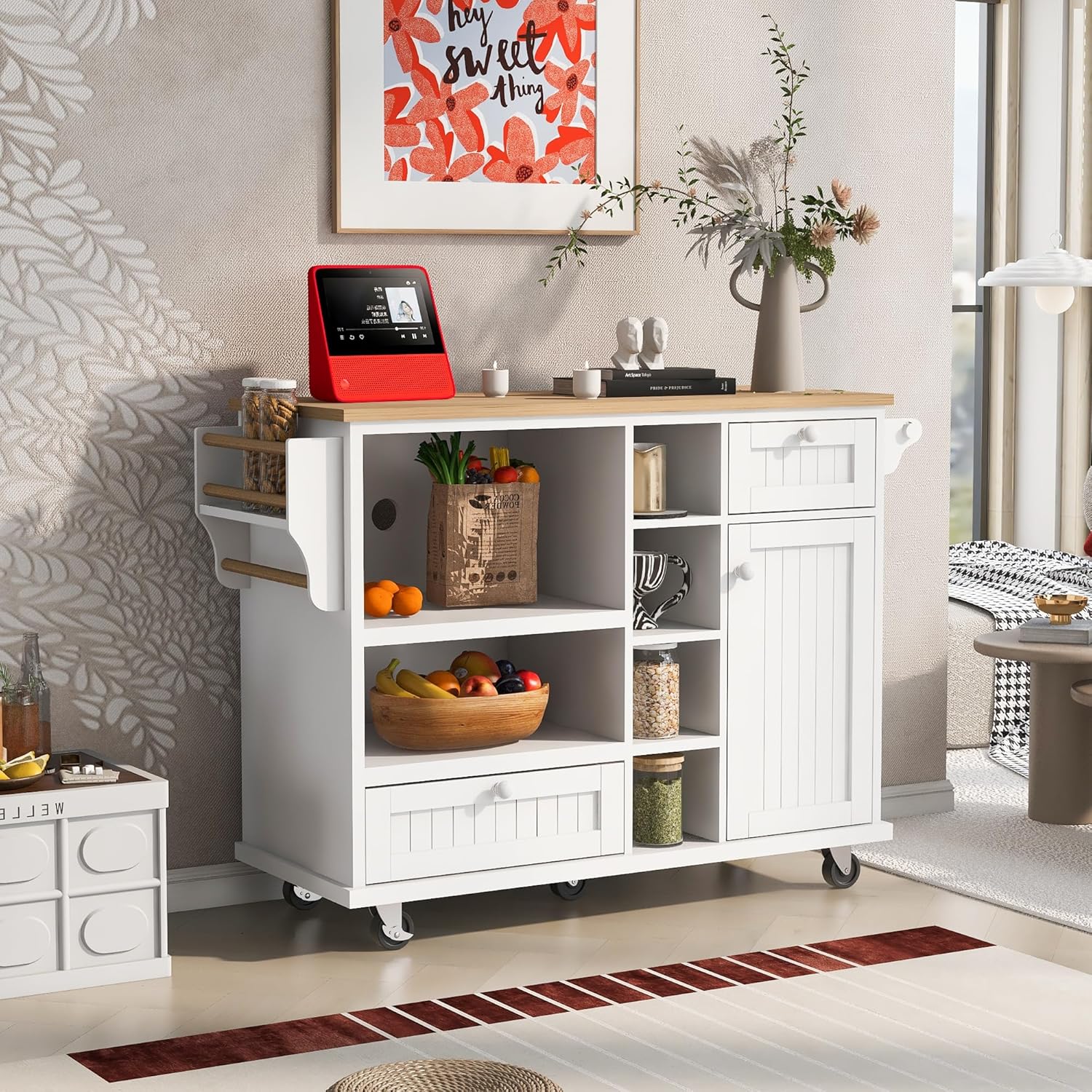 Olela Carrito de isla de cocina con almacenamiento, mesa de cocina móvil rodante para microondas con ruedas con estantes abiertos, cajones y