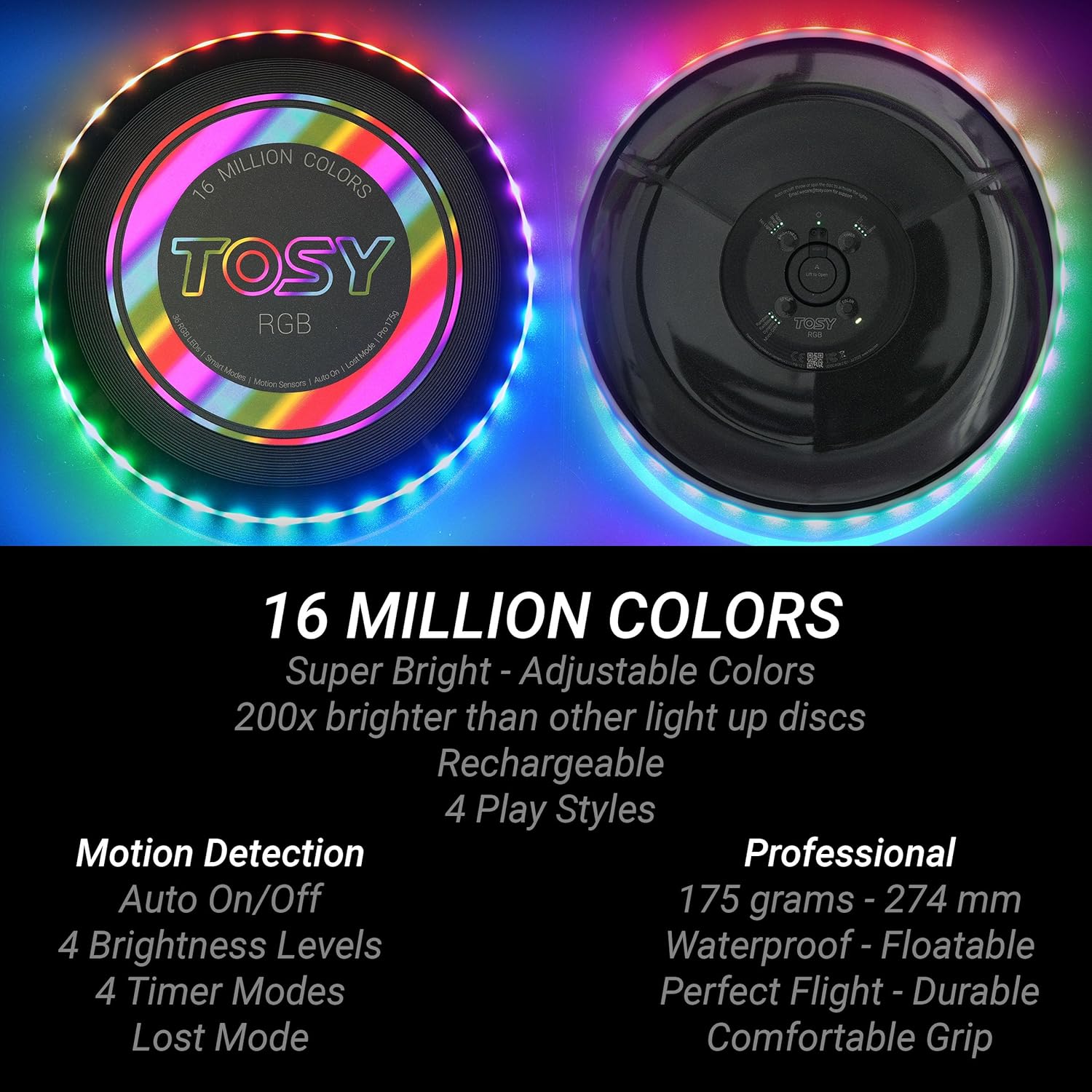TOSY Flying Disc – 16 Million Colors RGB or 36 LEDs, Extremely Bright, Smart Modes, Easter Basket Stuffers Essentials for