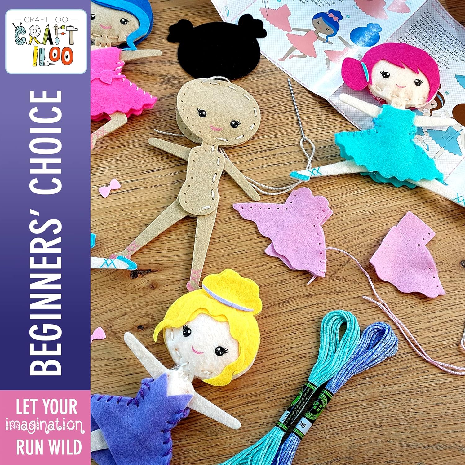 CRAFTILOO Kit de costura de bailarinas para niños, juego de manualidades divertido y educativo para niños y niñas de 5 a 12 años, coser tu propio