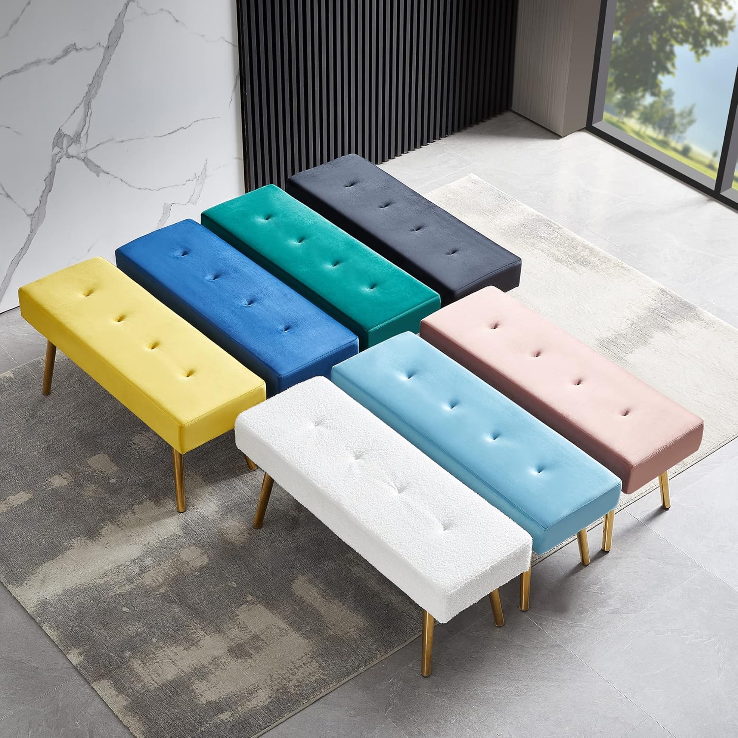 Polibi Moderno banco lateral de cama, taburete largo tapizado de terciopelo copetudo con patas doradas para dormitorio, entrada, sala de estar