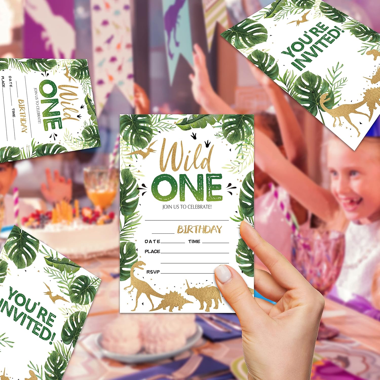 Invitaciones para fiesta de primer cumpleaños, invitaciones de cumpleaños Wild One para niños y niñas, invitaciones de safari dorado en la selva,