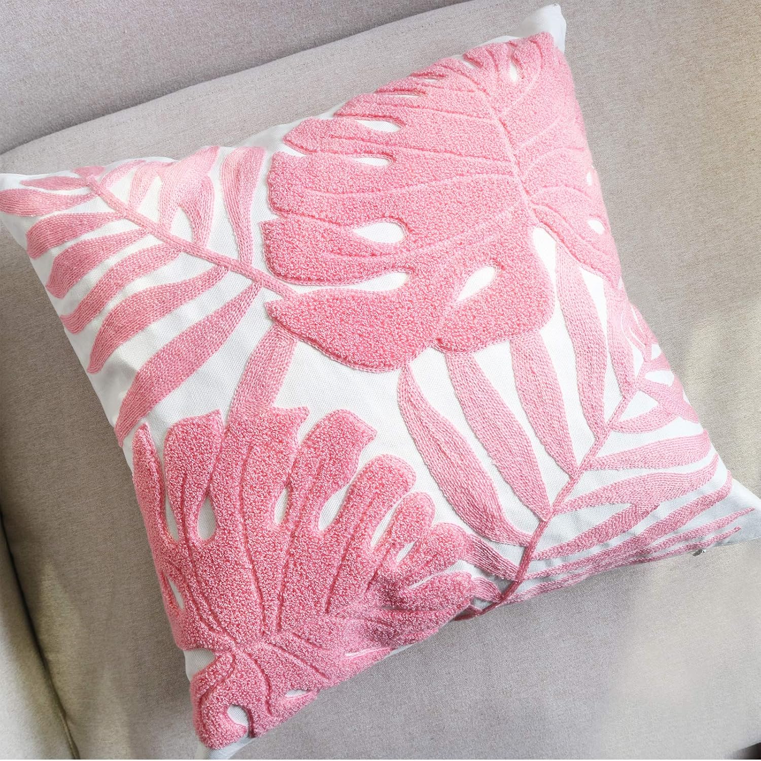 Funda de almohada bordada de 18 x 18 pulgadas, decoración del hogar, funda de almohada de suelo para sofá, silla, 100% algodón, con lazo bordado de