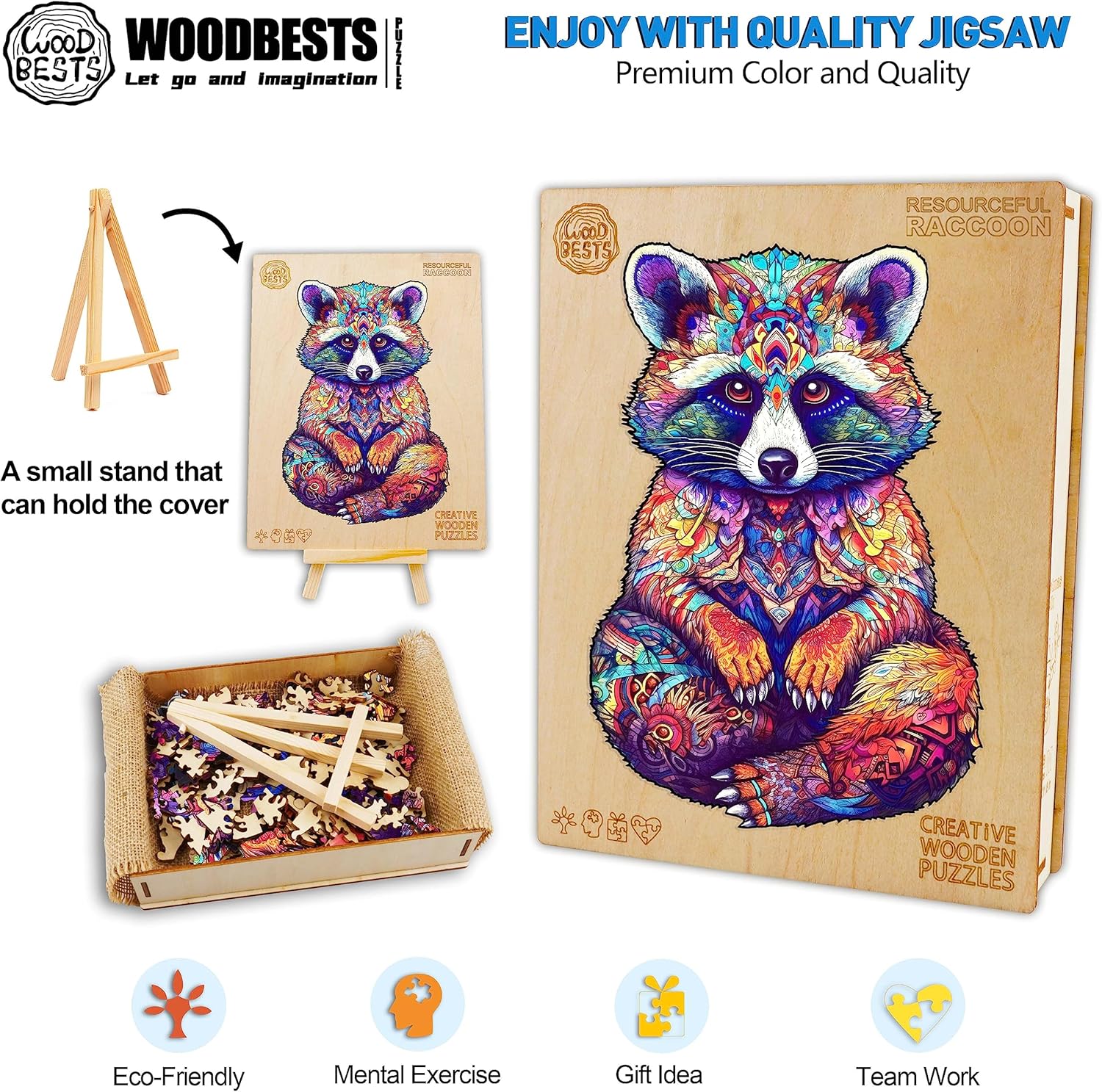 WOODBESTS Rompecabezas de madera para adultos, rompecabezas de animales de mapache (S, 100 piezas, 7.9 x 5.4 pulgadas), hermosa caja de madera,