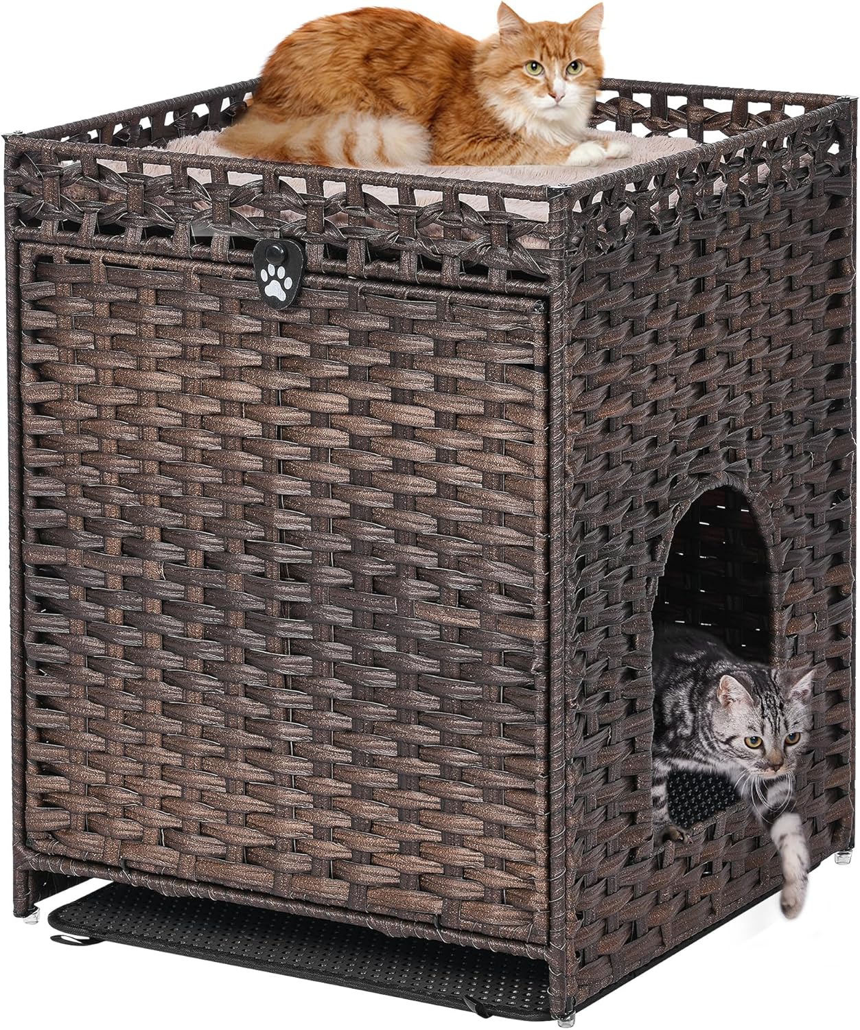 Caja de arena para gatos con alfombrilla de arena suave muebles ocultos de baño para gatos con puerta casa de gato de ratán tejida a mano jaula para