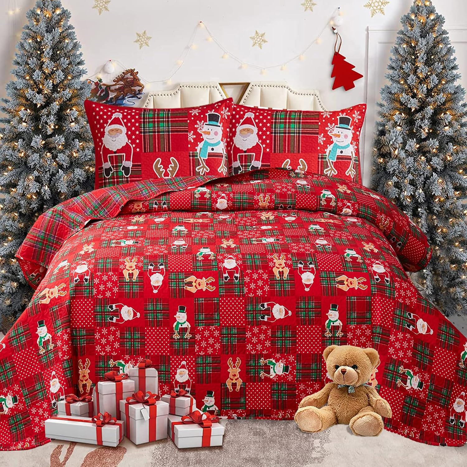 Colchas reversibles de Papá Noel de Navidad, color rojo, verde, tamaño King, diseño de reno, muñeco de nieve, colcha a cuadros, regalo de Año Nuevo,