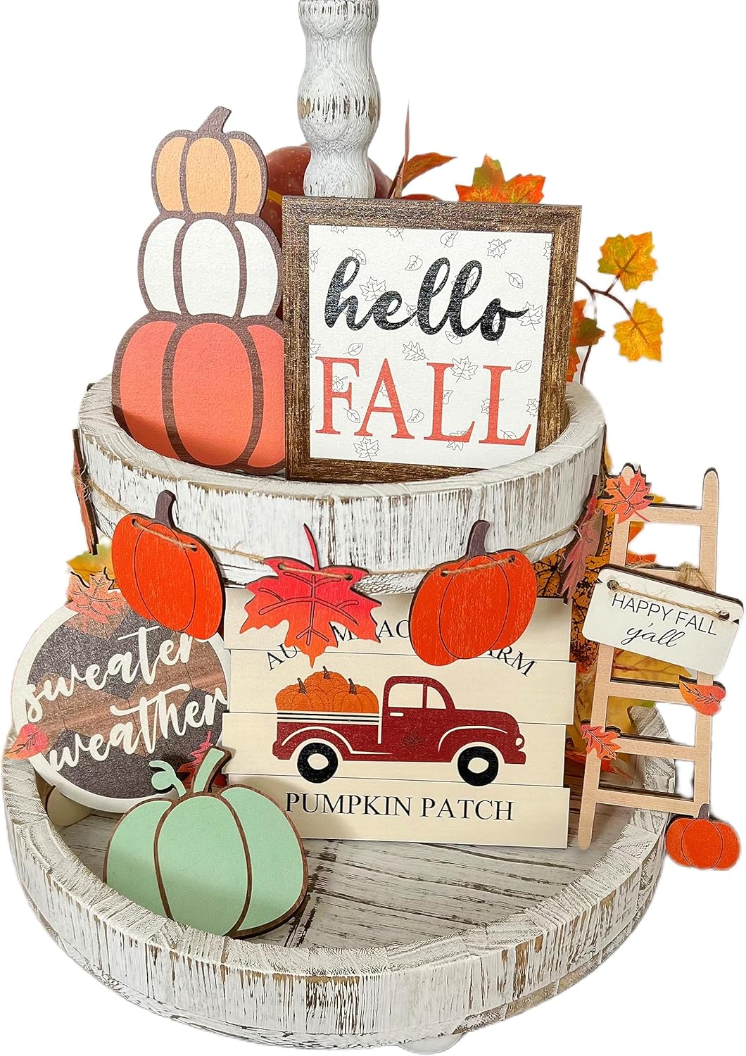 Decoración de bandeja escalonada de otoño, decoraciones de cosecha de Acción de Gracias, mesa de granja, decoración de estante de madera, decoración