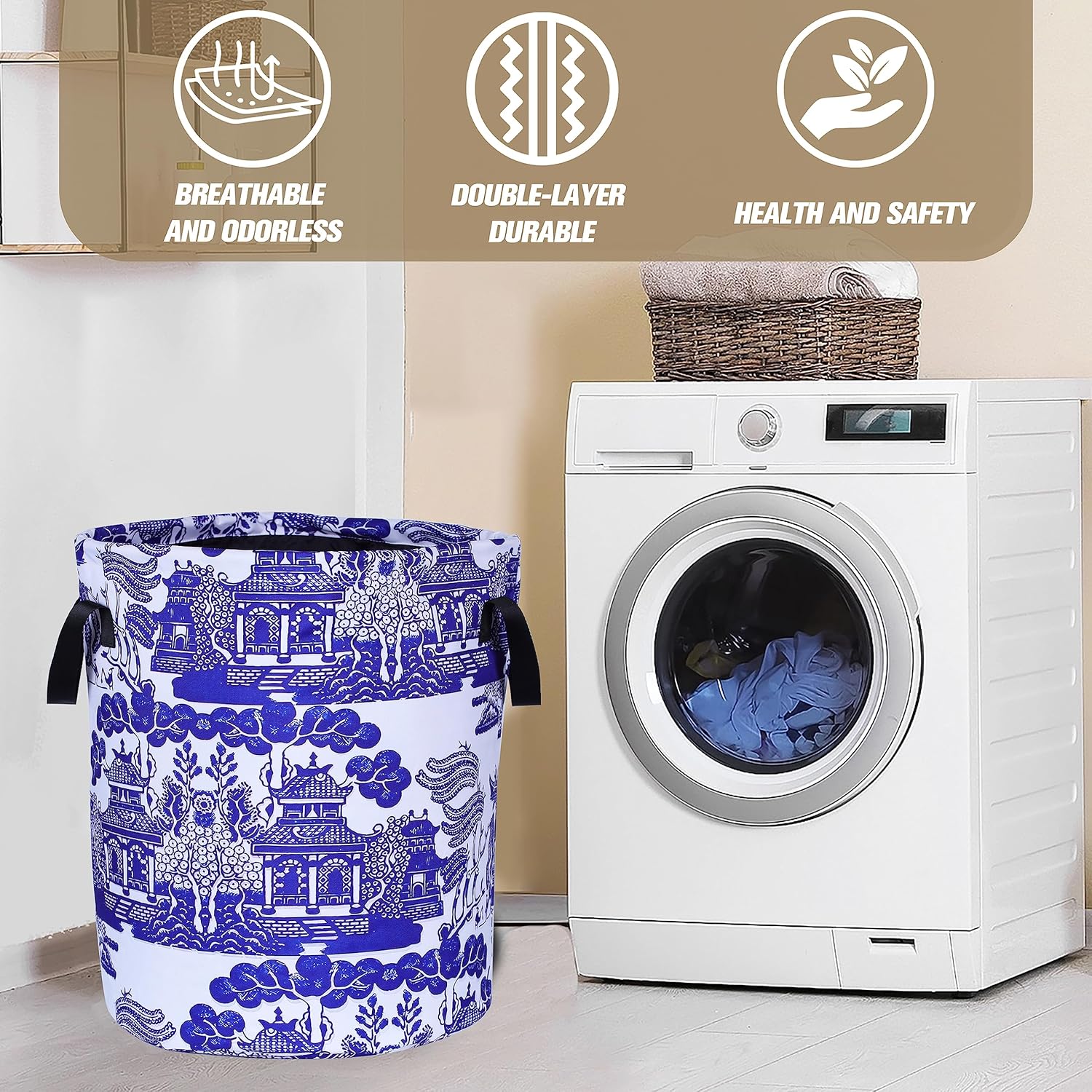 Cesta de lavandería de porcelana blanca y azul chinoiserie, plegable, de tela Oxford, divertida bolsa de lavandería, cesta de almacenamiento de