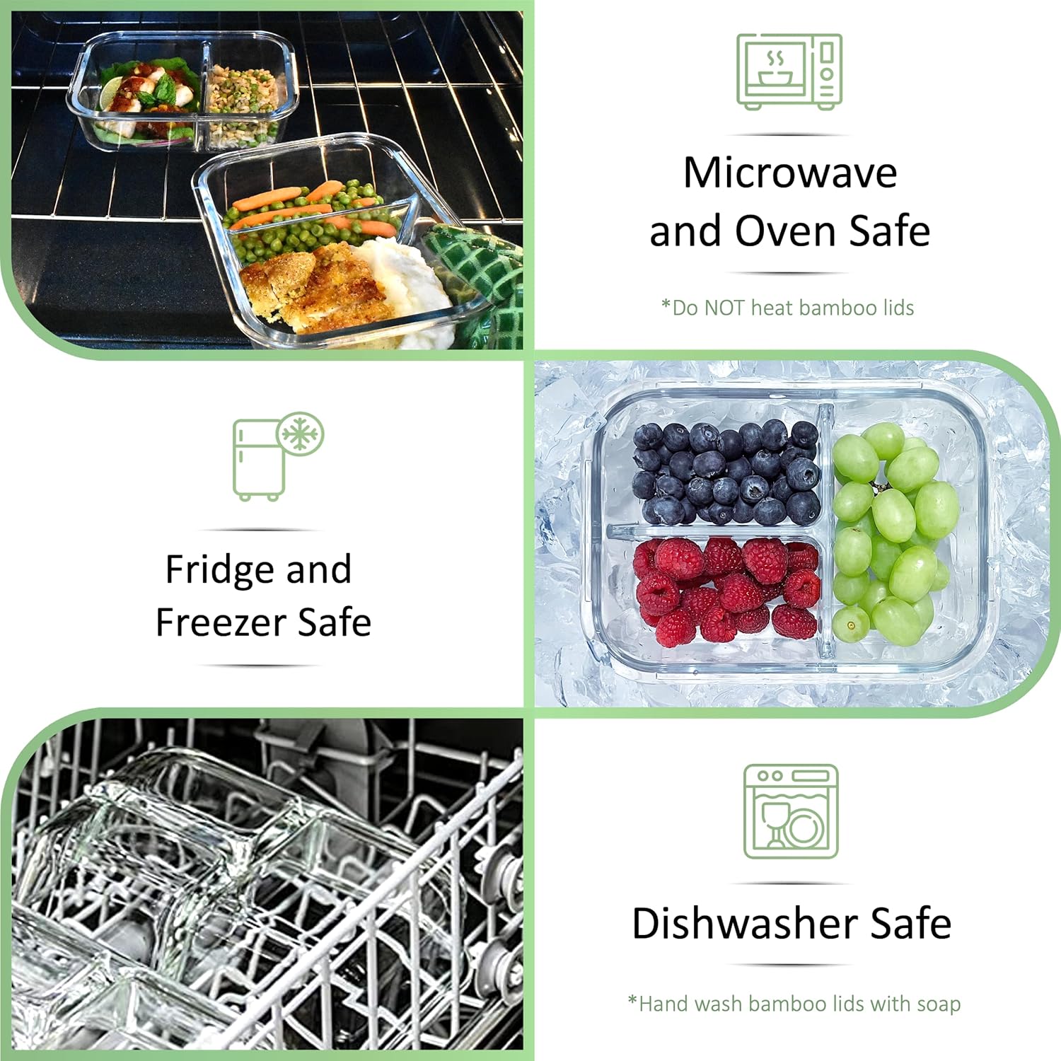EcoPreps Contenedores grandes de vidrio Bento con tapas de bambú, 3 compartimentos de vidrio para preparación de comidas (paquete de 2, XL 100%