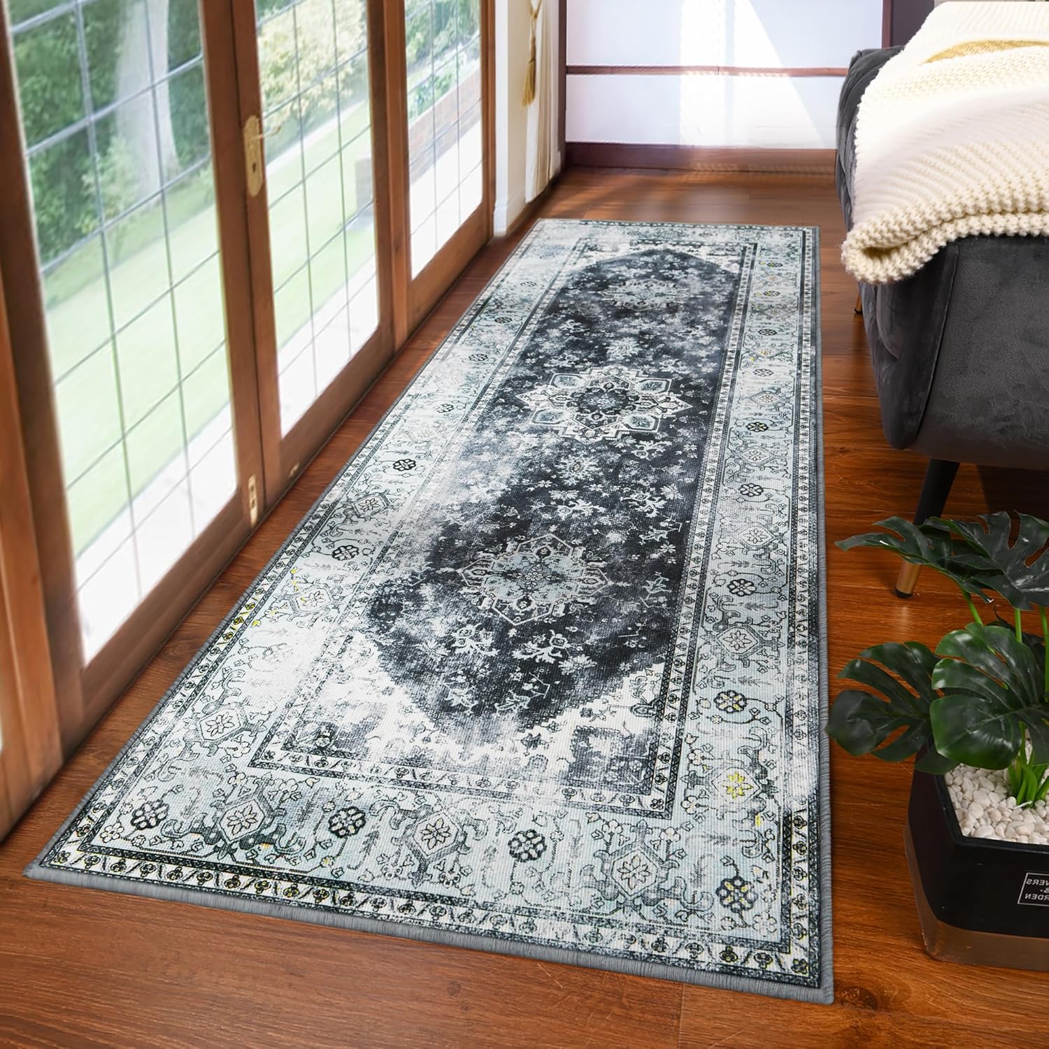 YJ.GWL Alfombra vintage de 2 x 6 pies, lavable con estampado floral, para pasillo, cocina, lavandería, alfombra suave de pelo bajo para entrada,