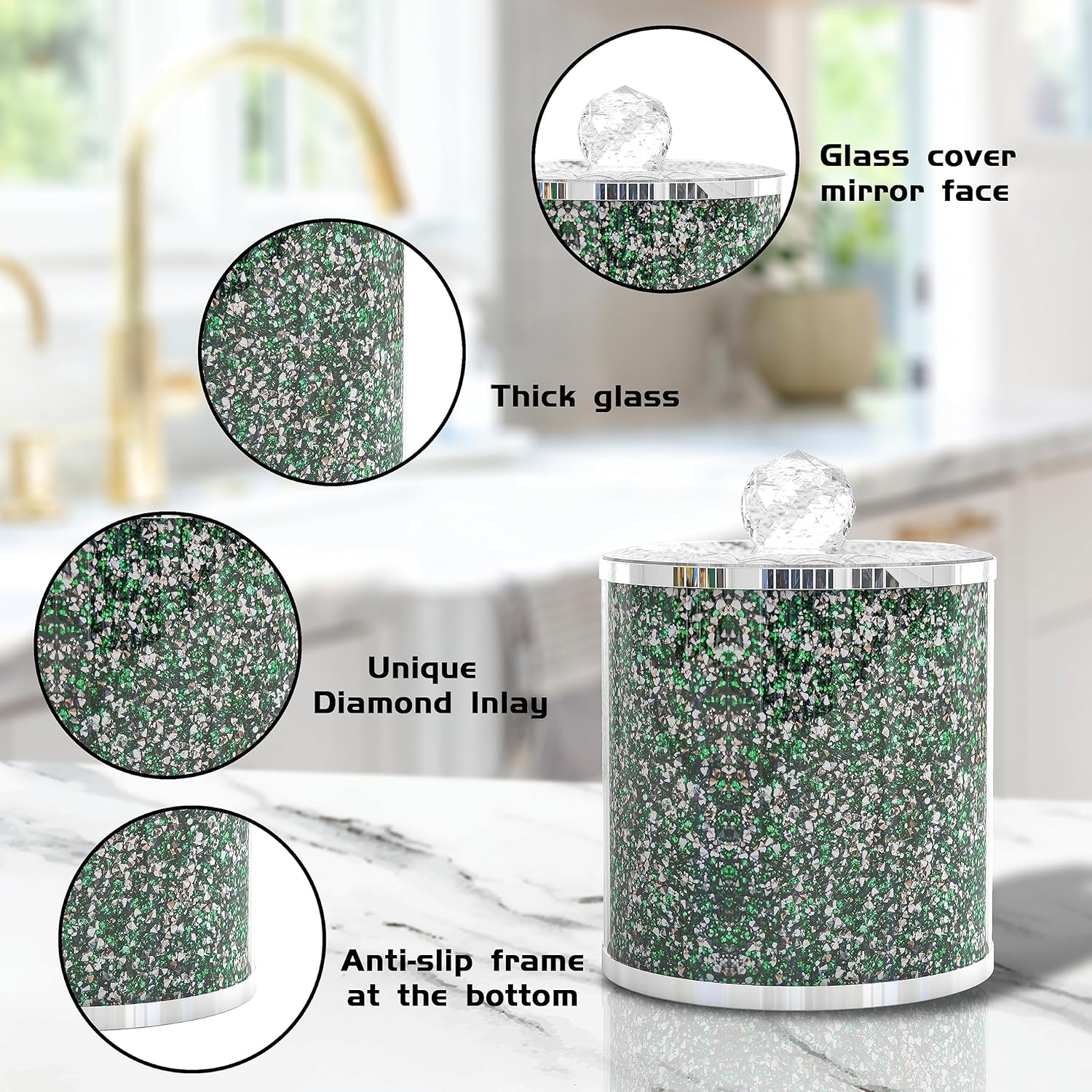 SHYFOY Juego de 3 recipientes de vidrio decorativos, tarros verdes con tapa, diamante triturado, decoración del hogar, contenedor de almacenamiento